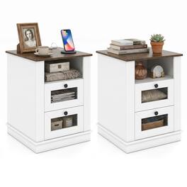 Costway - 2 PCS Nightstand with Charging Station, Night Stand with Storage Compartment, 2 Drawers - Rustic Brown, White