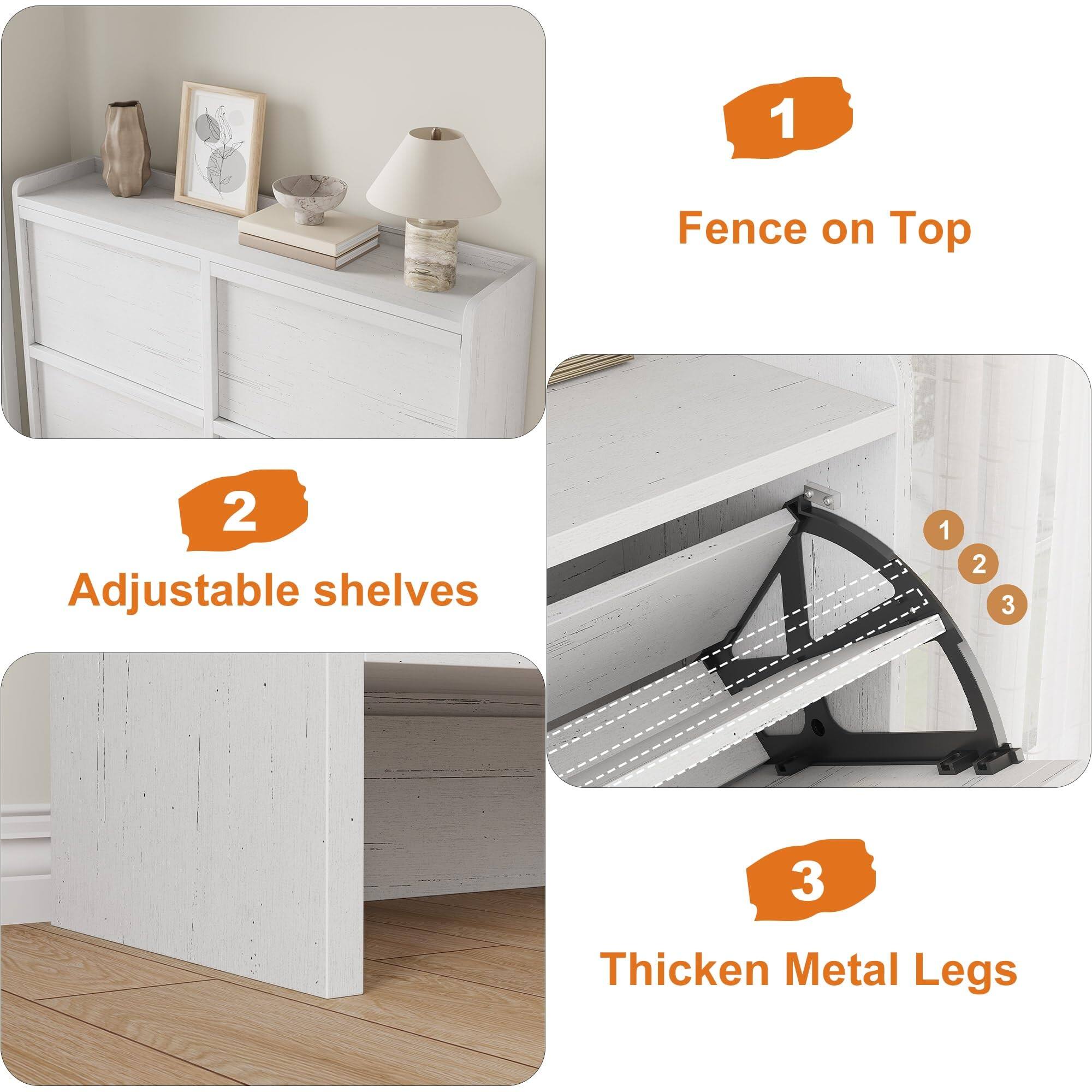 1. Fence on Top  
2. Adjustable shelves  
3. Thicken Metal Legs