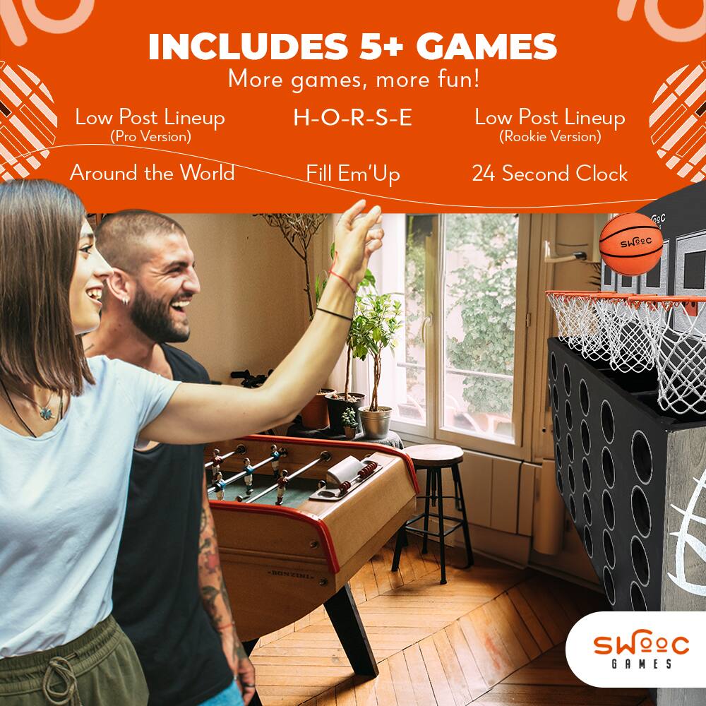 INCLUDES 5+ GAMES  
More games, more fun!  

- Low Post Lineup (Pro Version)  
- Around the World  
- H-O-R-S-E  
- Fill 'Em Up  
- Low Post Lineup (Rookie Version)  
- 24 Second Clock  

SWOEC GAMES