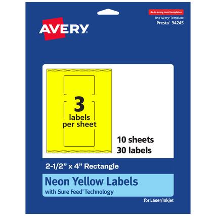 Go to avery.com/templates
AVERY
Use Avery™ Template Presta® 94245
3 labels per sheet
10 sheets
30 labels
2-1/2" x 4" Rectangle
Neon Yellow Labels
with Sure Feed® Technology
for Laser/Inkjet