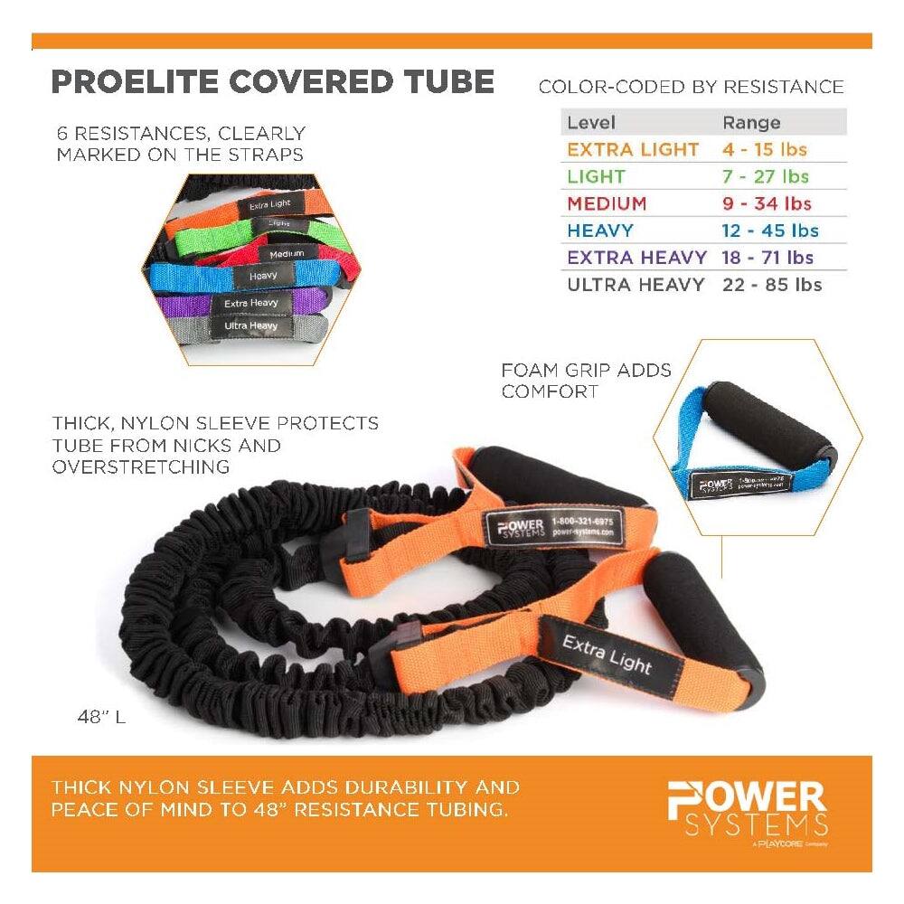 PROELITE COVERED TUBE  
COLOR-CODED BY RESISTANCE  

6 RESISTANCES, CLEARLY MARKED ON THE STRAPS  

Level | Range  
--- | ---  
EXTRA LIGHT | 4 - 15 lbs  
LIGHT | 7 - 27 lbs  
MEDIUM | 9 - 34 lbs  
HEAVY | 12 - 45 lbs  
EXTRA HEAVY | 18 - 71 lbs  
ULTRA HEAVY | 22 - 85 lbs  

THICK, NYLON SLEEVE PROTECTS TUBE FROM NICKS AND OVERSTRETCHING  

FOAM GRIP ADDS COMFORT  

48" L  

THICK NYLON SLEEVE ADDS DURABILITY AND PEACE OF MIND TO 48" RESISTANCE TUBING.  

POWER SYSTEMS  
1-800-321-6975  
POWER SYSTEMS  
PLAYCORE