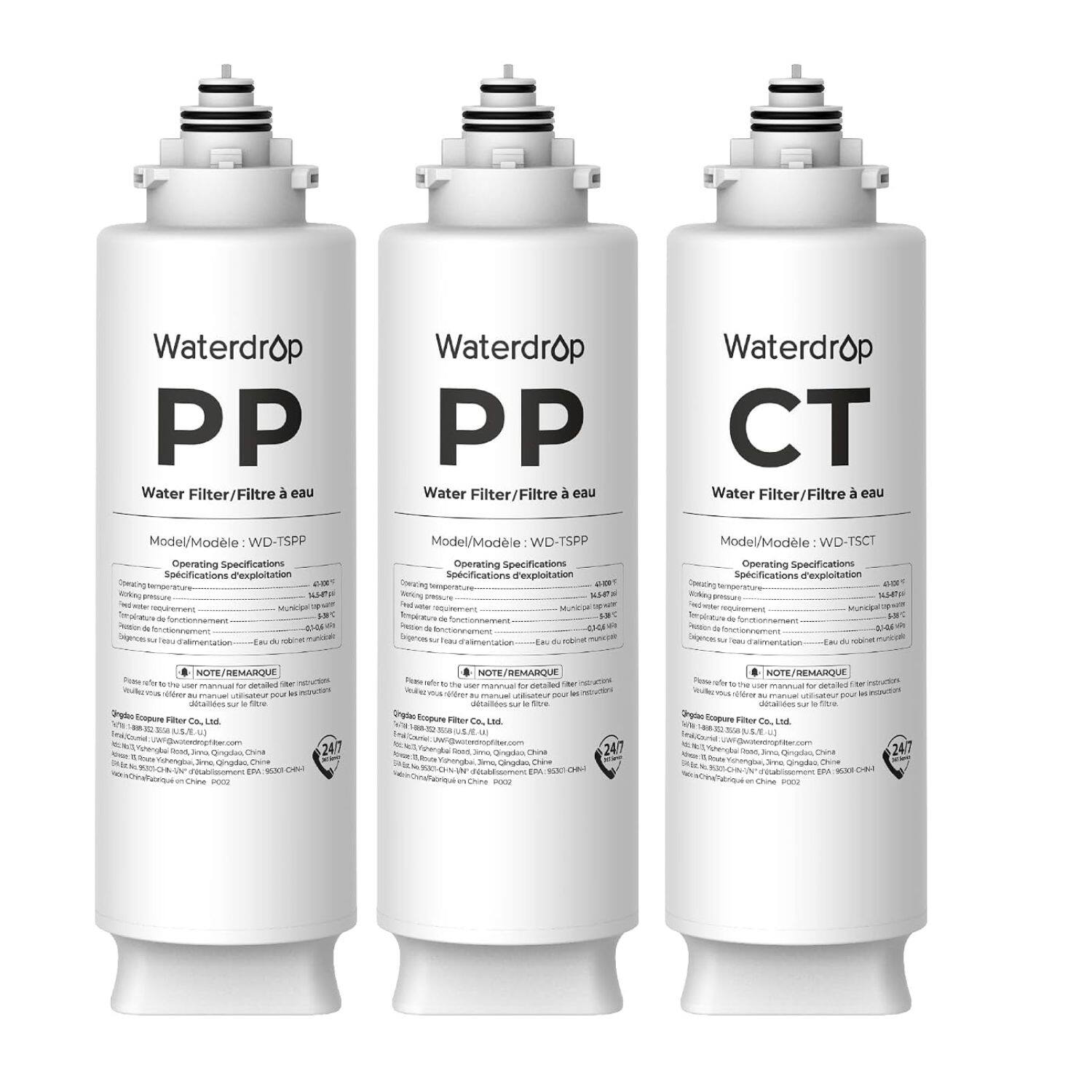 Waterdrop PP Water Filter/Filtre eau  
Waterdrop CT Water Filter/Filtre eau  

Model/Modèle WD-TSPP Operating Specifications Spcifications d'exploitation sorking requirement  
Model/Modèle WD-TSPP Operating Specifications Spcifications d'exploitation 400 My  
Model/Modèle WD-TSCT Operating Specifications Spcifications d'exploitation 145-87g  

Sebu d'alimentation  
de  
Eau  
Eau du  

NOTE/REMARQUE user for detailed Ster 25g pour by for Stre Ecopune Filter Co., Ltd. Read, aml China Jima Qingdac Chine POOZ  
24/7  
NOTE/REMARQUE user fo detailed Stat sur it fitre Ecopune Fiter Co. Ltd. 158 Jima China Jimo, Cingdao, Chine ( POO2  
NOTE/REMARQUE wer for detailed the minuel sur Fiter Ltd. Chine EPA REDOP POOZ