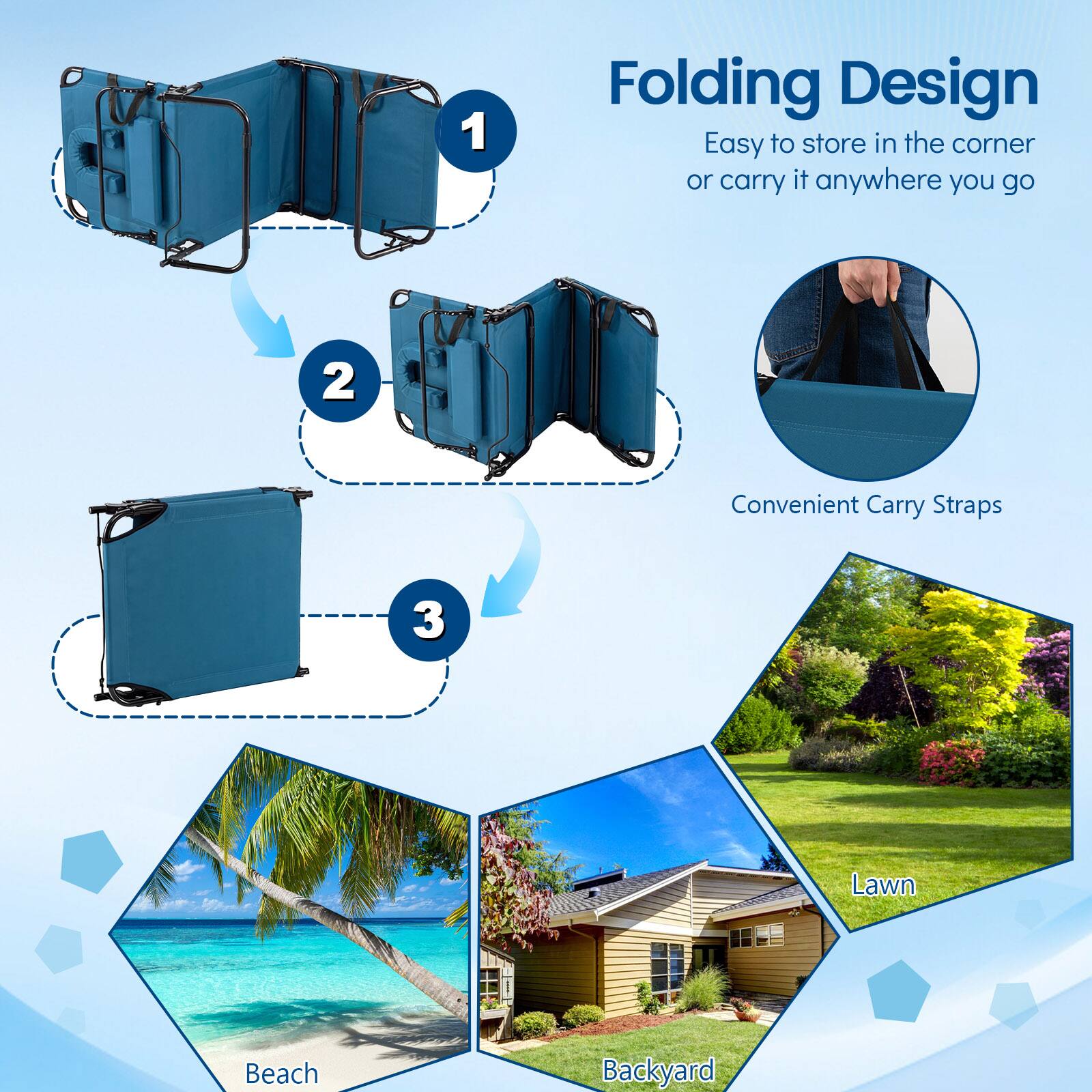 1. Folding Design
   - Easy to store in the corner or carry it anywhere you go

2. Convenient Carry Straps

3. Lawn, Beach, Backyard