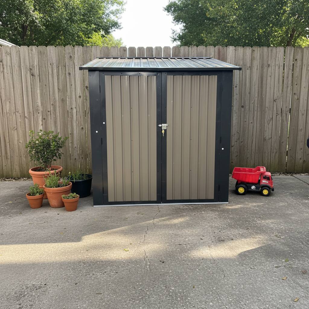 Left. Anysun - 6x9 FT Outdoor Metal Storage Shed with Window & Flower Rack – Lockable Double Doors Tool Shed, Waterproof Weatherproof - Brown.