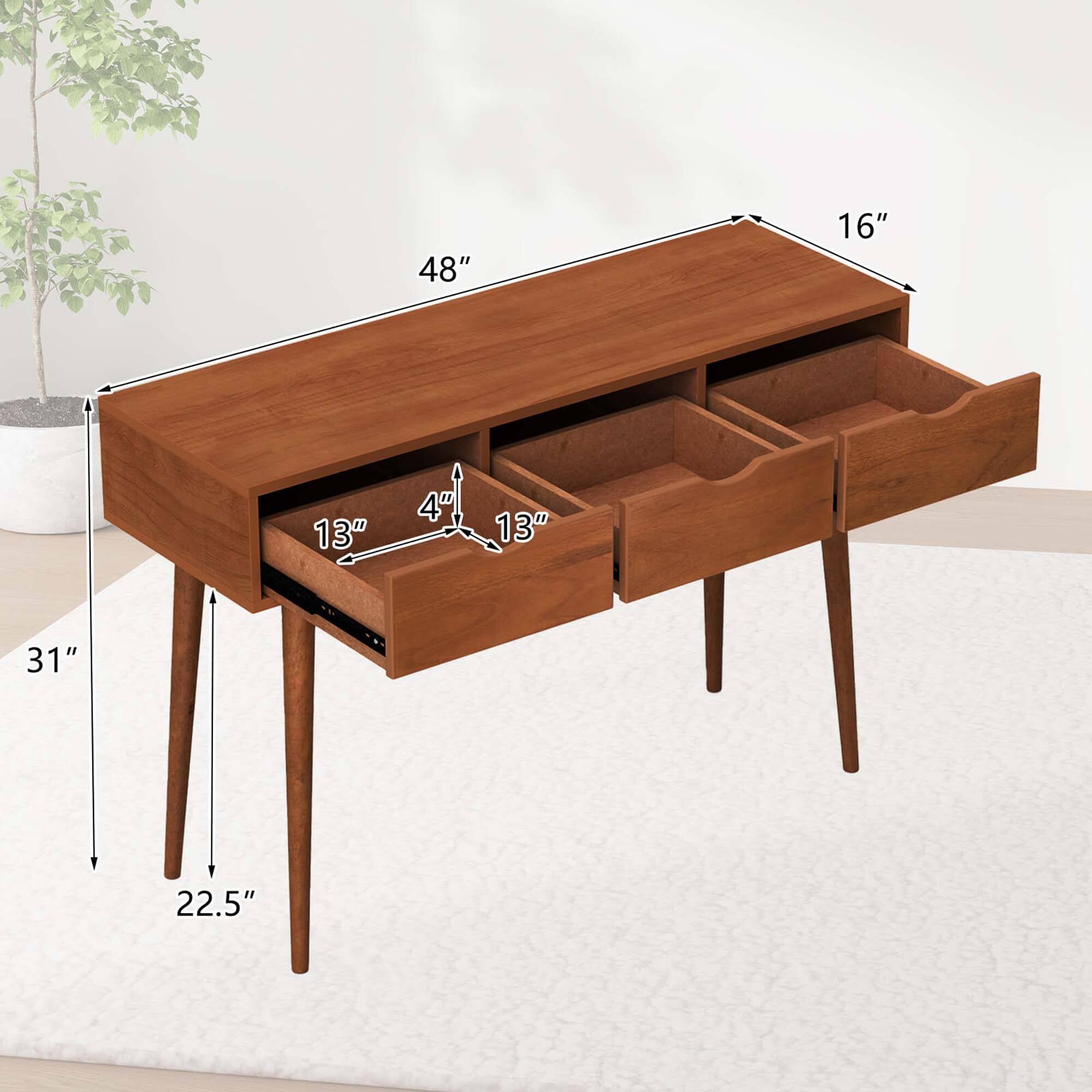 The text on the image reads: "48" 16" 13" 4" 13" 31" 22.5". This is a description of the dimensions of a wooden desk, with the measurements in inches. The desk is 48 inches long, 16 inches wide, and 13 inches tall. The drawer is 4 inches deep, and the desk is 31 inches wide and 22.5 inches tall.