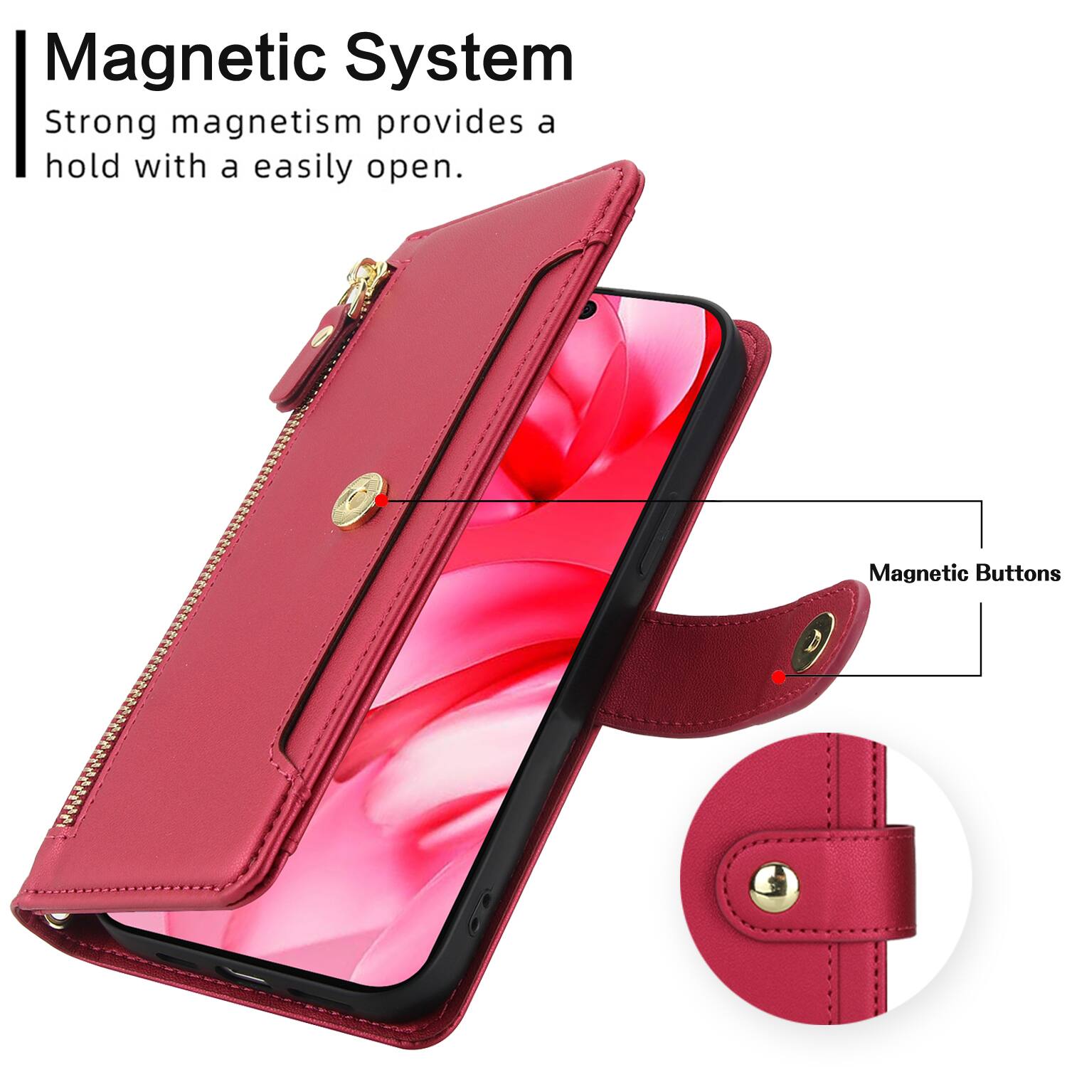 Magnetic System  
Strong magnetism provides a hold with a easily open.  
Magnetic Buttons