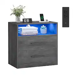 Songmics Home - 23.6 Inch Wide Nightstand with Charging Station, LED Lights, Modern Night Stand, Side End Table with Drawers, Open Shelf - Misty