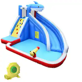Gymax - Inflatable Water Park Bounce House Slide Shark w/ Climbing Wall Splash Pool