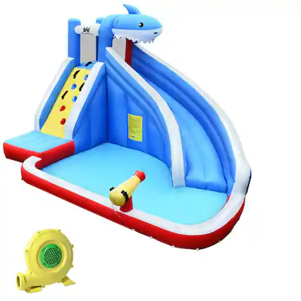 Front. Gymax - Gymax Inflatable Water Park Bounce House Slide Shark w/ Climbing Wall Splash Pool.