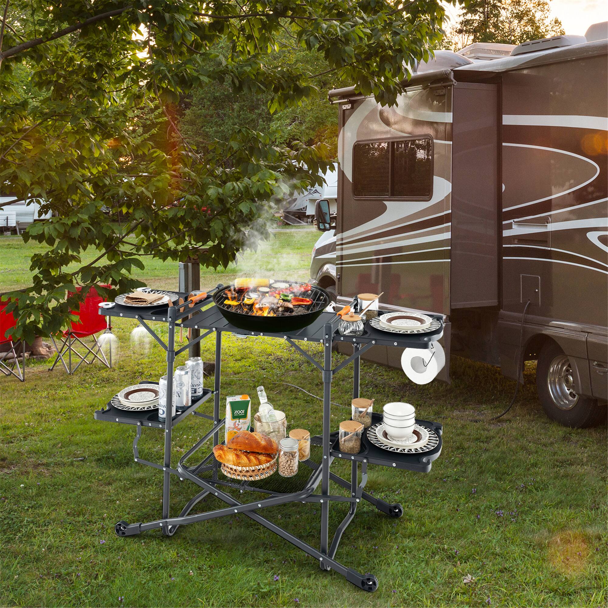 Alt View 4. Gymax - Gymax Camping Kitchen Table Folding Portable Outdoor Cook Station w/ 4 Side Tables - Black.