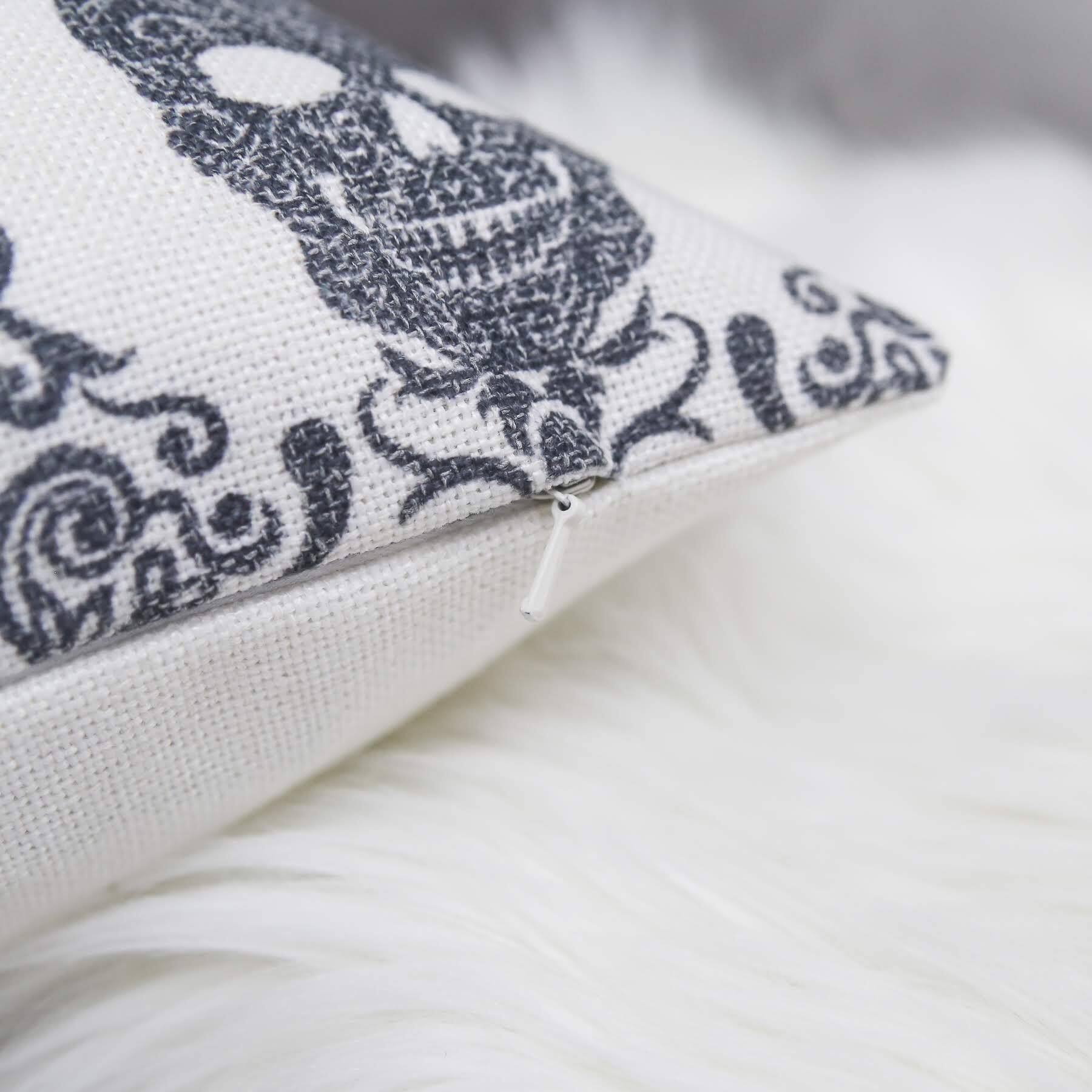 Angle. TinyHomie - Gothic Damask Skull Throw Pillow Black White Cotton Linen - Gray.