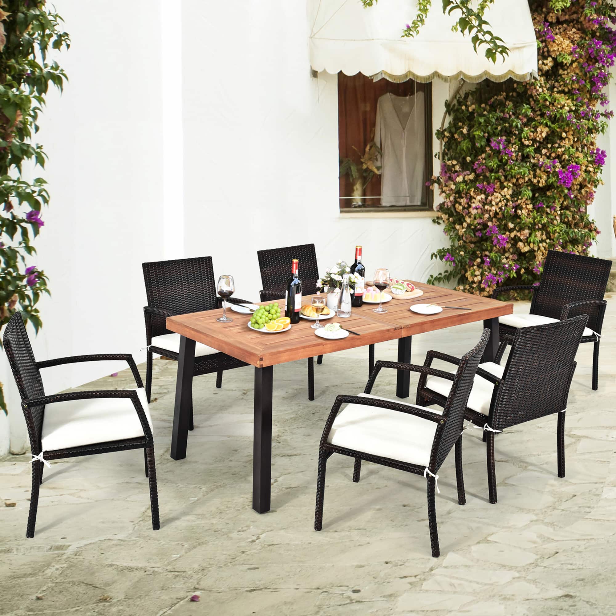 Gymax - 7PCS Patio Rattan Dining Set Wooden Table Top Cushioned Chair Garden - Beige price history on PriceWatchPro