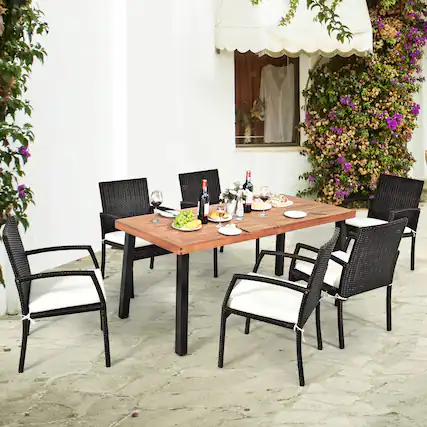 Front. Gymax - Gymax 7PCS Patio Rattan Dining Set Wooden Table Top Cushioned Chair Garden - Beige.