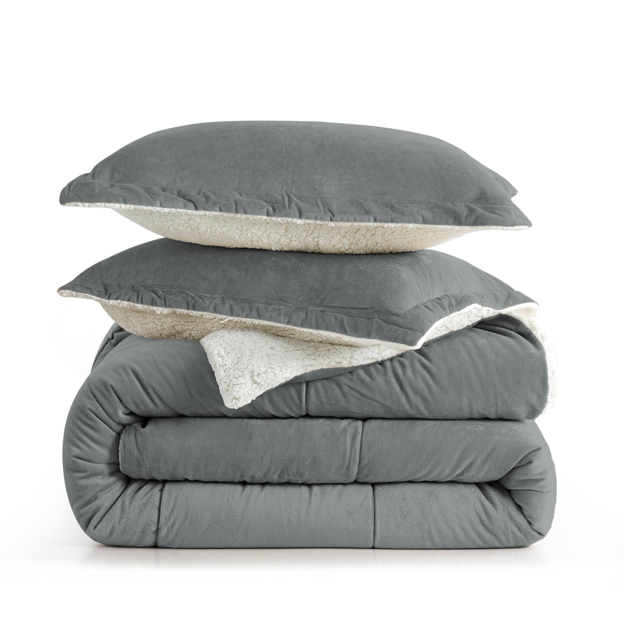 Back. Peace Nest - Peace Nest Sherpa Fluffy Faux Fur Comforter Set Plush Reversible Bedding Set - Solid Gray.