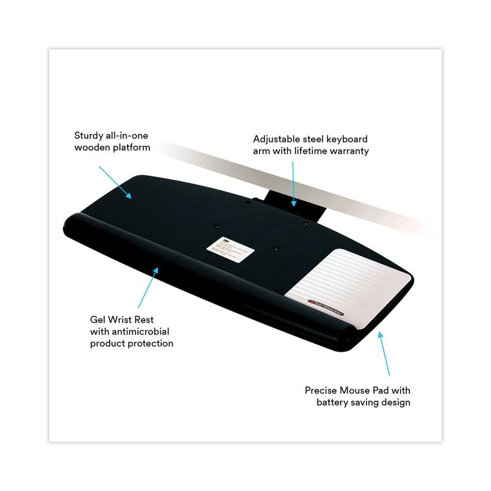 Sturdy all-in-one wooden platform  
Adjustable steel keyboard arm with lifetime warranty  
Gel Wrist Rest with antimicrobial product protection  
Precise Mouse Pad with battery saving design