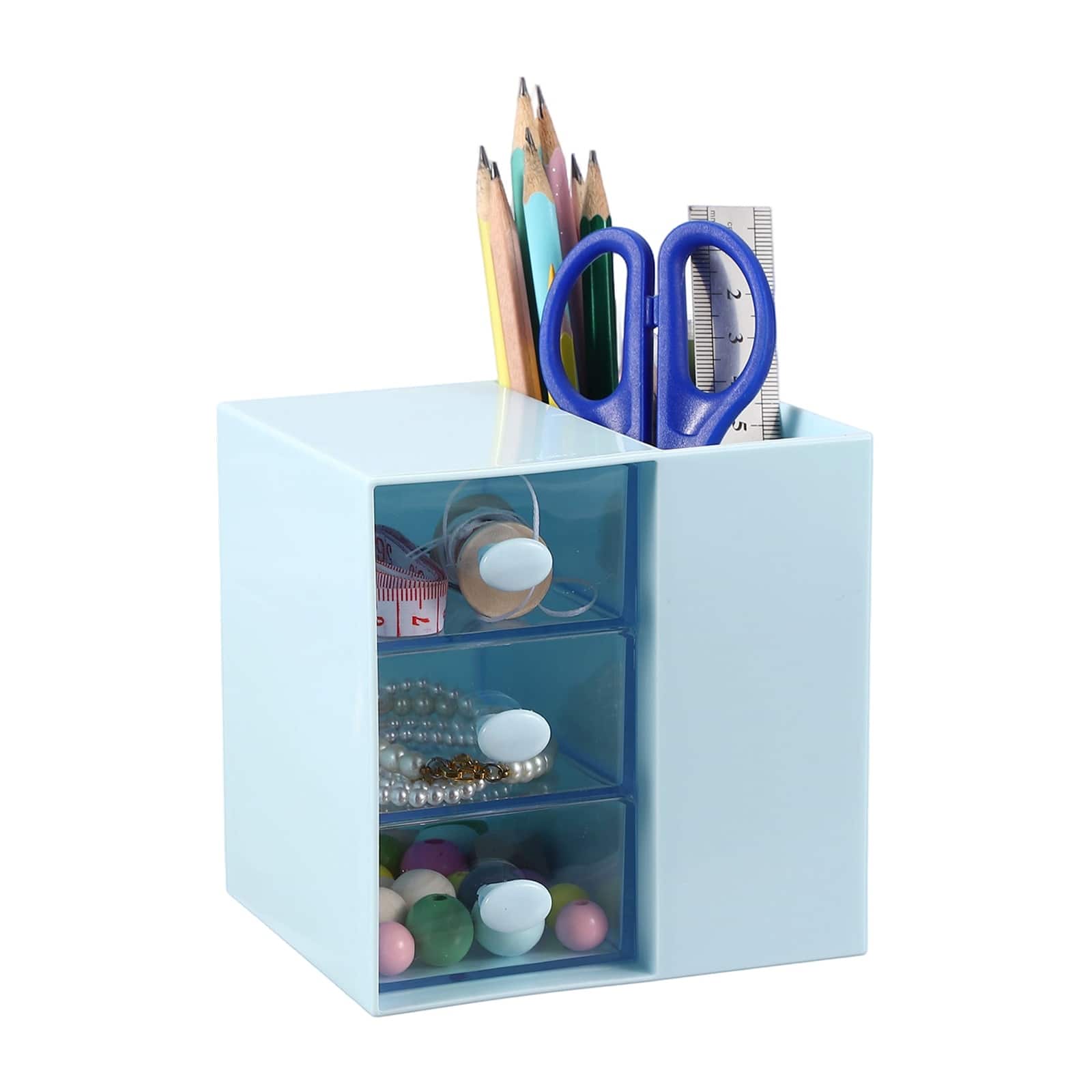 Unique Bargains - Mini Storage Drawers for Desk, Plastic Desktop Teacher Desk with 3 Drawers Organizer Box for Supplies Bathroom - Blue