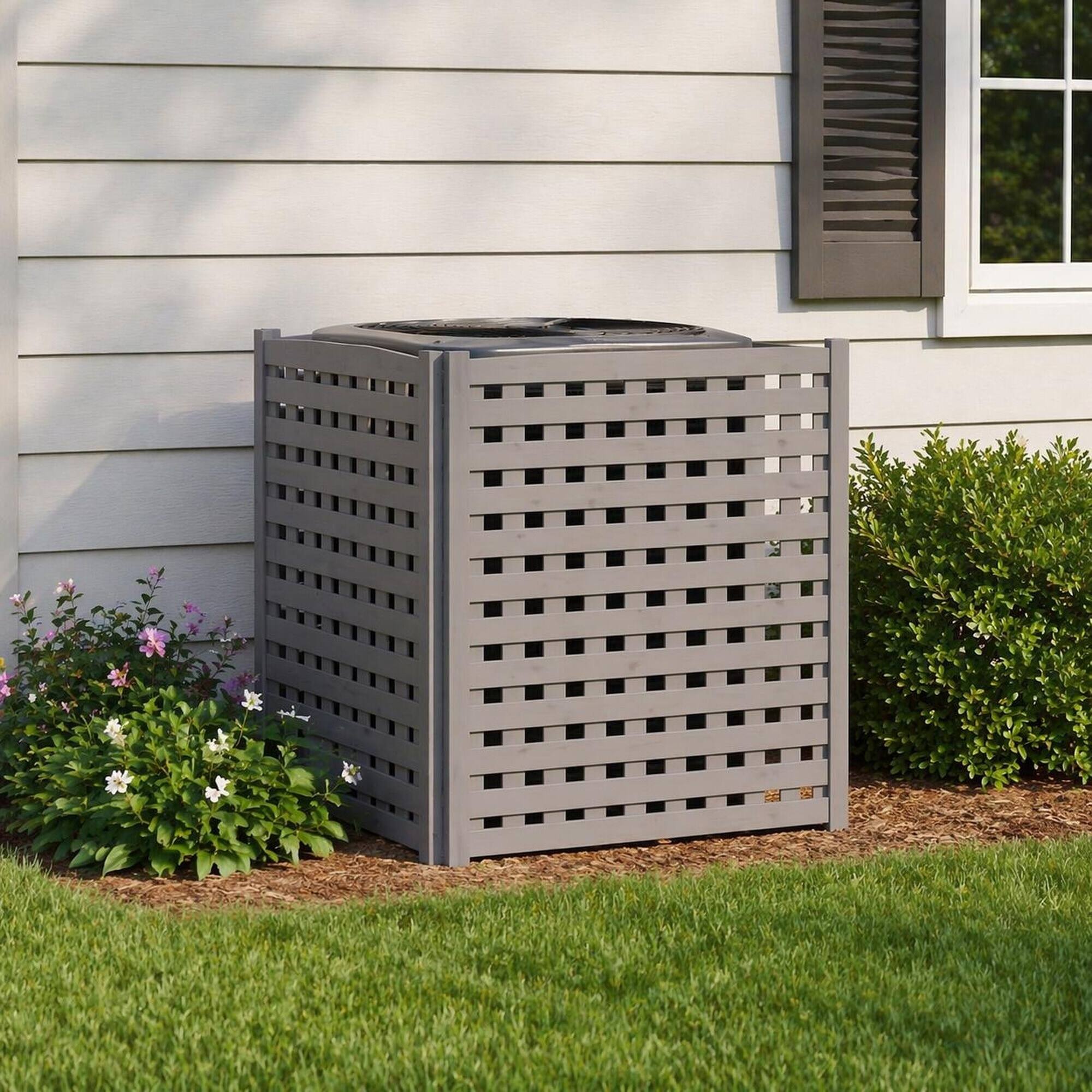 Angle. RYHNUYNE - 3 Panel Wood Outdoor Privacy Fence Screen for Air Conditioner Cover, 32 x 38 Inch Garden Patio Enclosure - Grey.