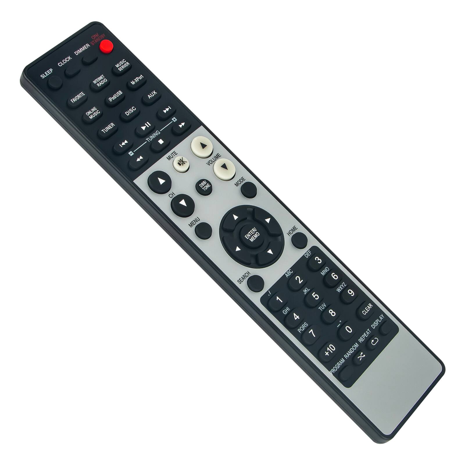 STANDBY ONI DIMMER CLOCK MUSIC SERVEN SLEEP INTERNET RADIO M-XFon FAVORITE IPod/U58 AUX ONLINE DISC 1 MUSIC TUNER II TUNING 14 MUTE CH VOLUME -O TONE MODE MENUJ ENTER HOME MEMO DEF 3 ABC MNO SEARCH 2 6 JKL ZAXM 9 af 5 1 GHI TUV CLEAR 4 8 PORS i 0 DISPLAY 7 REPEAT G +10 RANDOM X PROGRAM