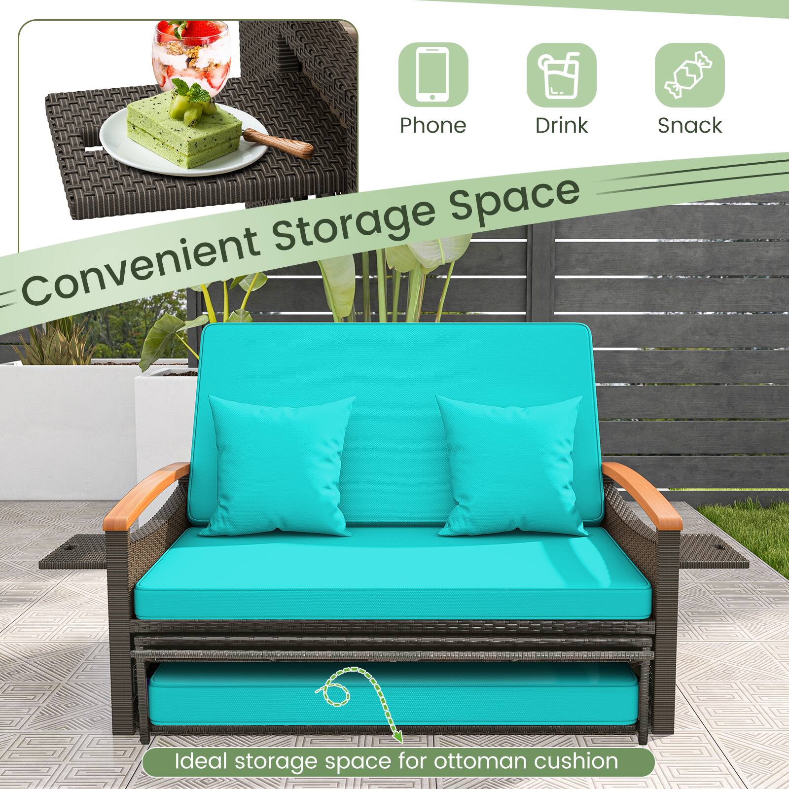 Convenient Storage Space

Phone Drink Snack

Ideal storage space for ottoman cushion