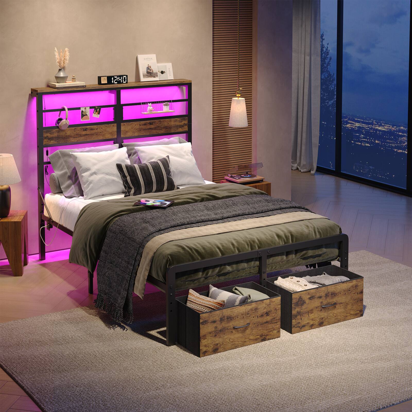 Left. Pinmoco - Pinmoco - LED Storage Bed Platform Bed Frame with 2/3 Drawers Charging Station and Adjustable Height - Rustic Brown.