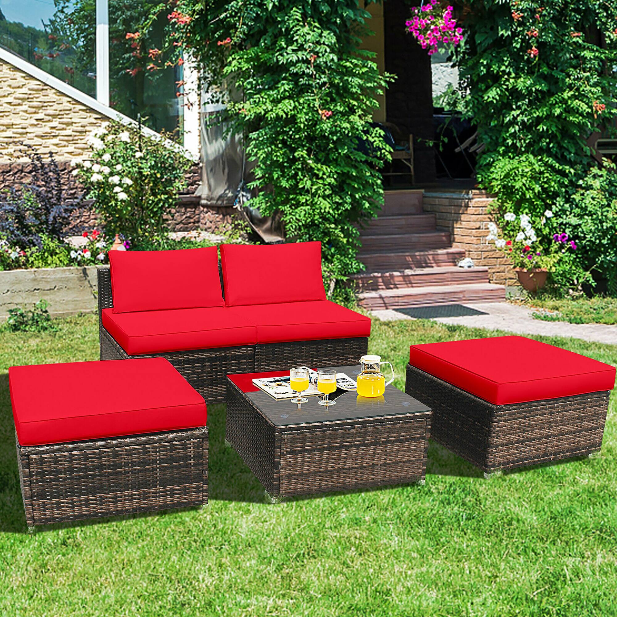 Alt View 1. Costway - 5PCS Patio Rattan Wicker Furniture Set Armless Sofa Cushioned - Red.