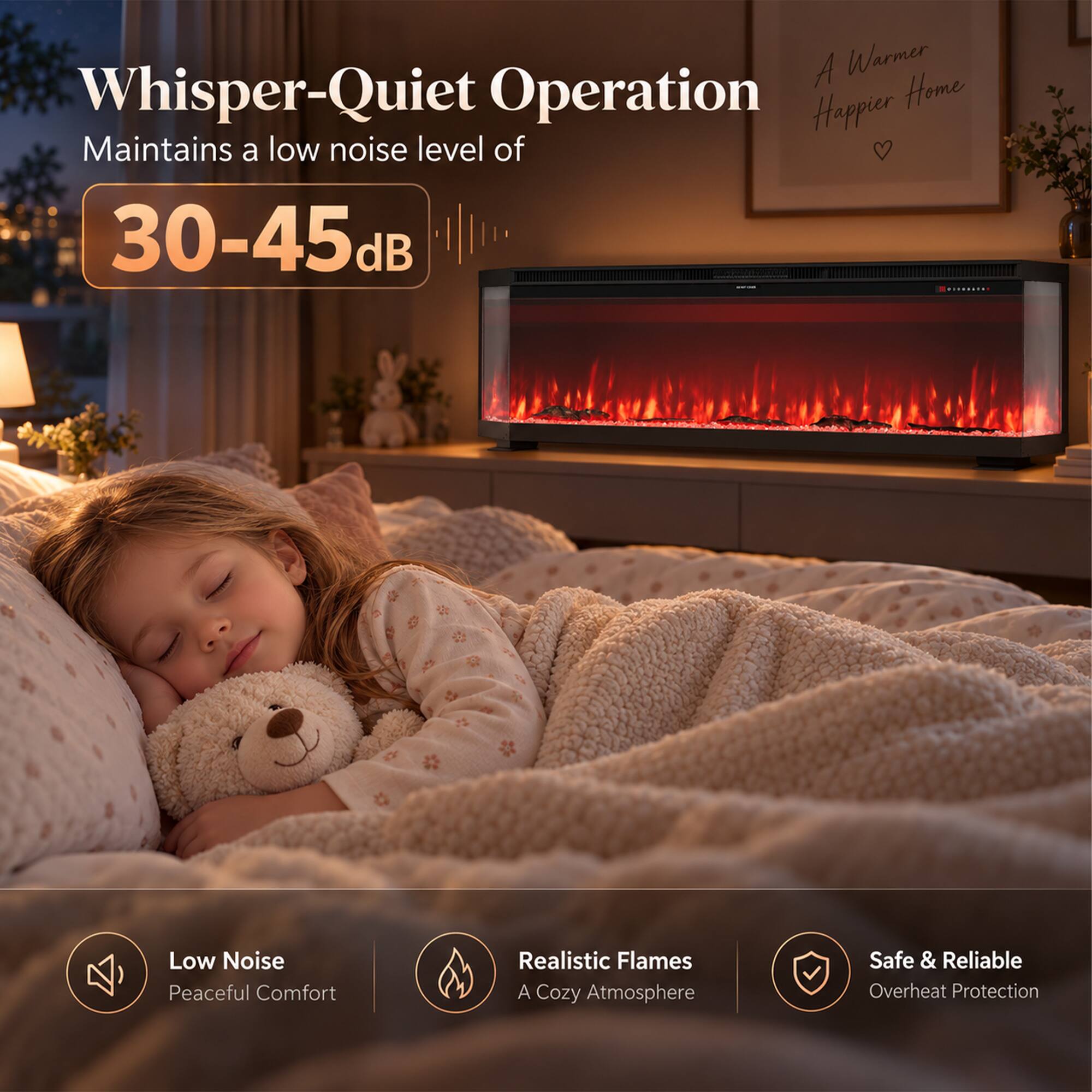 Whisper-Quiet Operation  
Maintains a low noise level of 30-45dB  

Low Noise  
Peaceful Comfort  

Realistic Flames  
A Cozy Atmosphere  

Safe & Reliable  
Overheat Protection