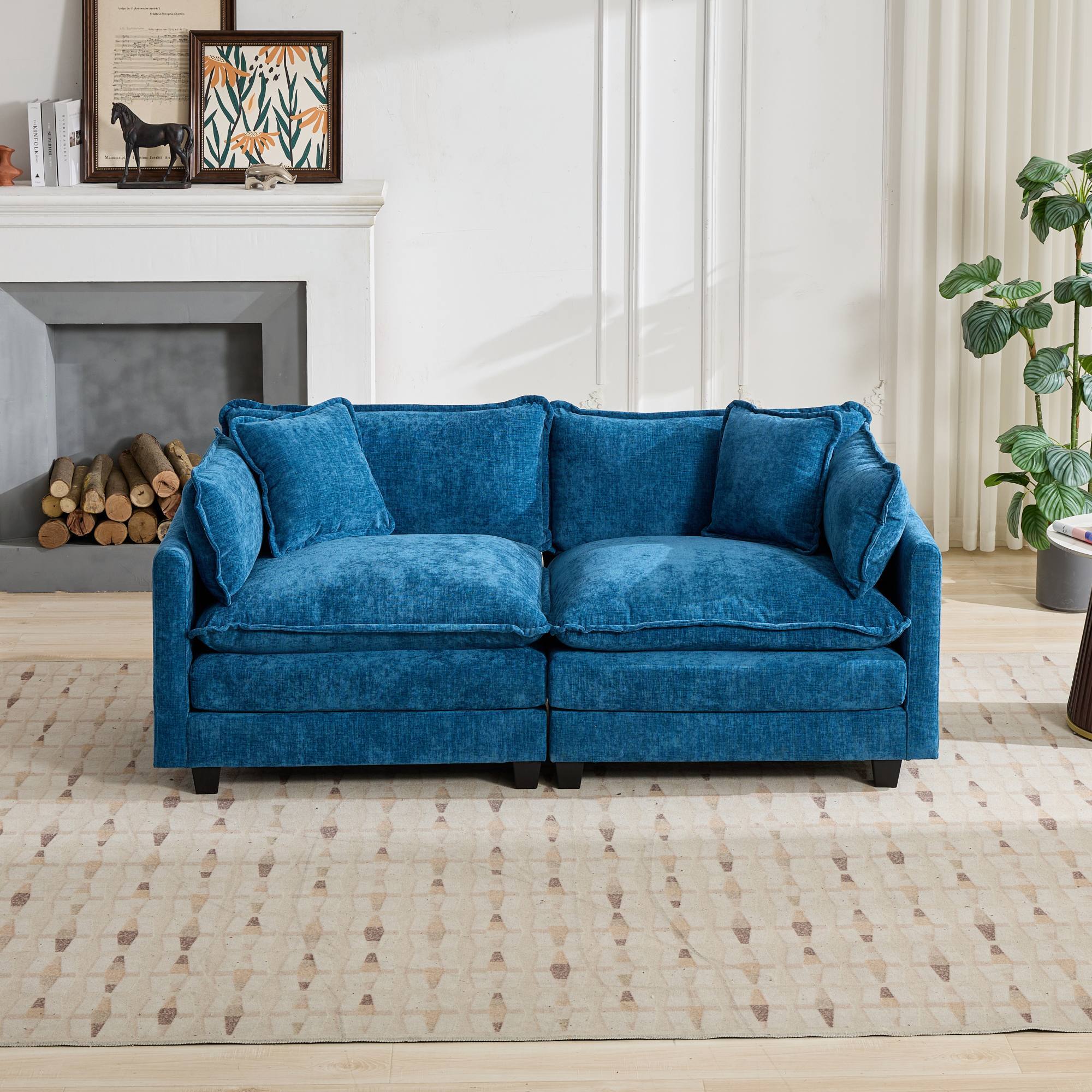Back. TinyHomie - Blue Chenille Cloud Loveseat Sectional Sofa No Ottoman - Blue.