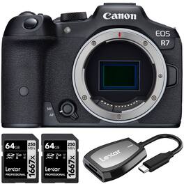 Canon - EOS R7 Mirrorless 4K Video 32.5MP APS-C Camera Body + 2x 64GB Card + Card Reader