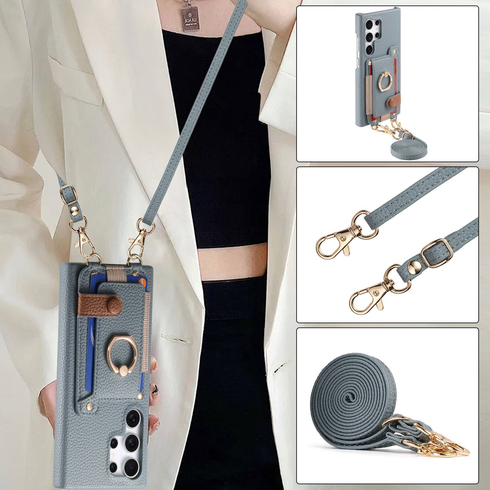 Alt View 5. Dteck - Lychee Texture Wallet Case for Samsung Galaxy S24 Ultra with Ring Stand,Crossbody Faux Leather Cover with Card Holder - Blue.