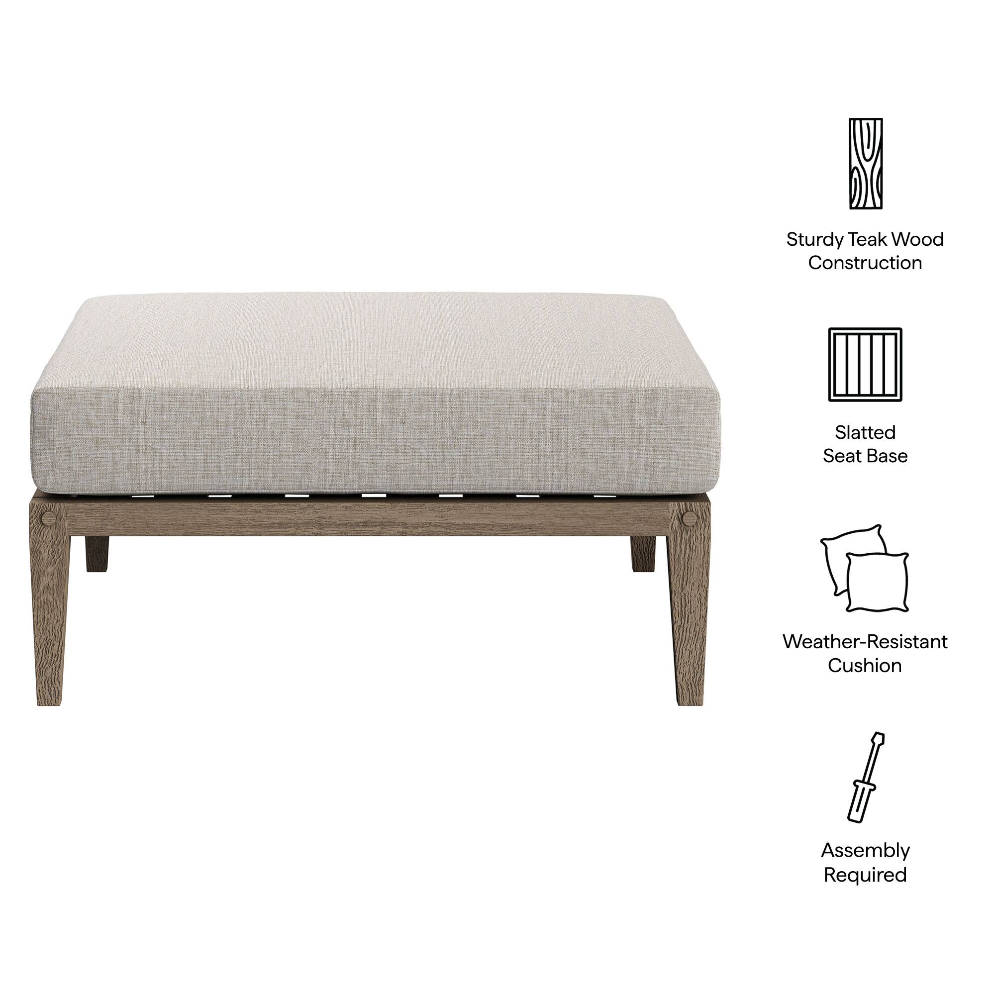 Sturdy Teak Wood Construction  
Slatted Seat Base  
Weather-Resistant Cushion  
Assembly Required