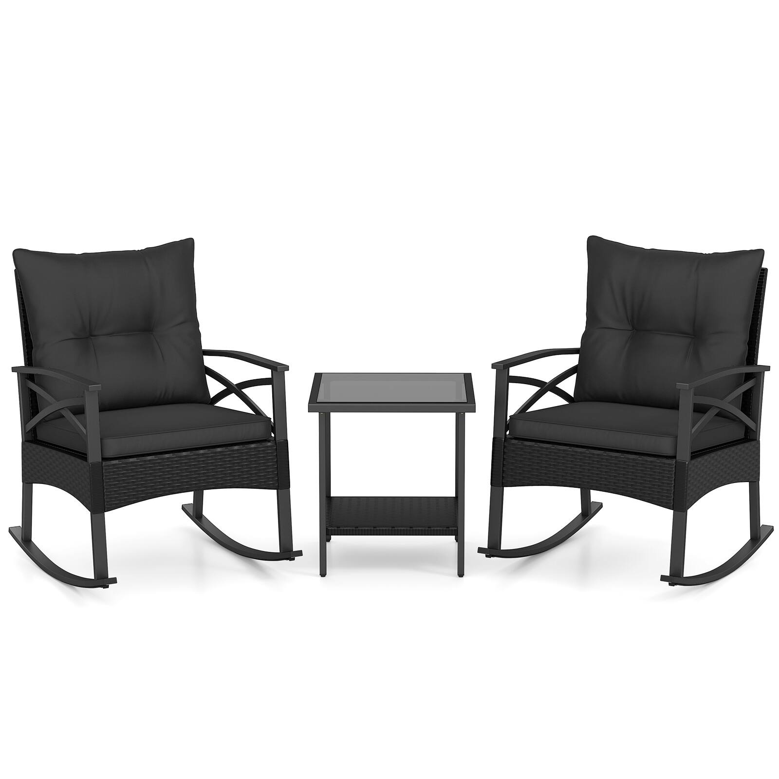 Alt View 7. Gymax - Gymax Set of 3 Rattan Rocking Bistro Set w/Tempered Glass Tabletop & Cushions for Porch Black - Black.