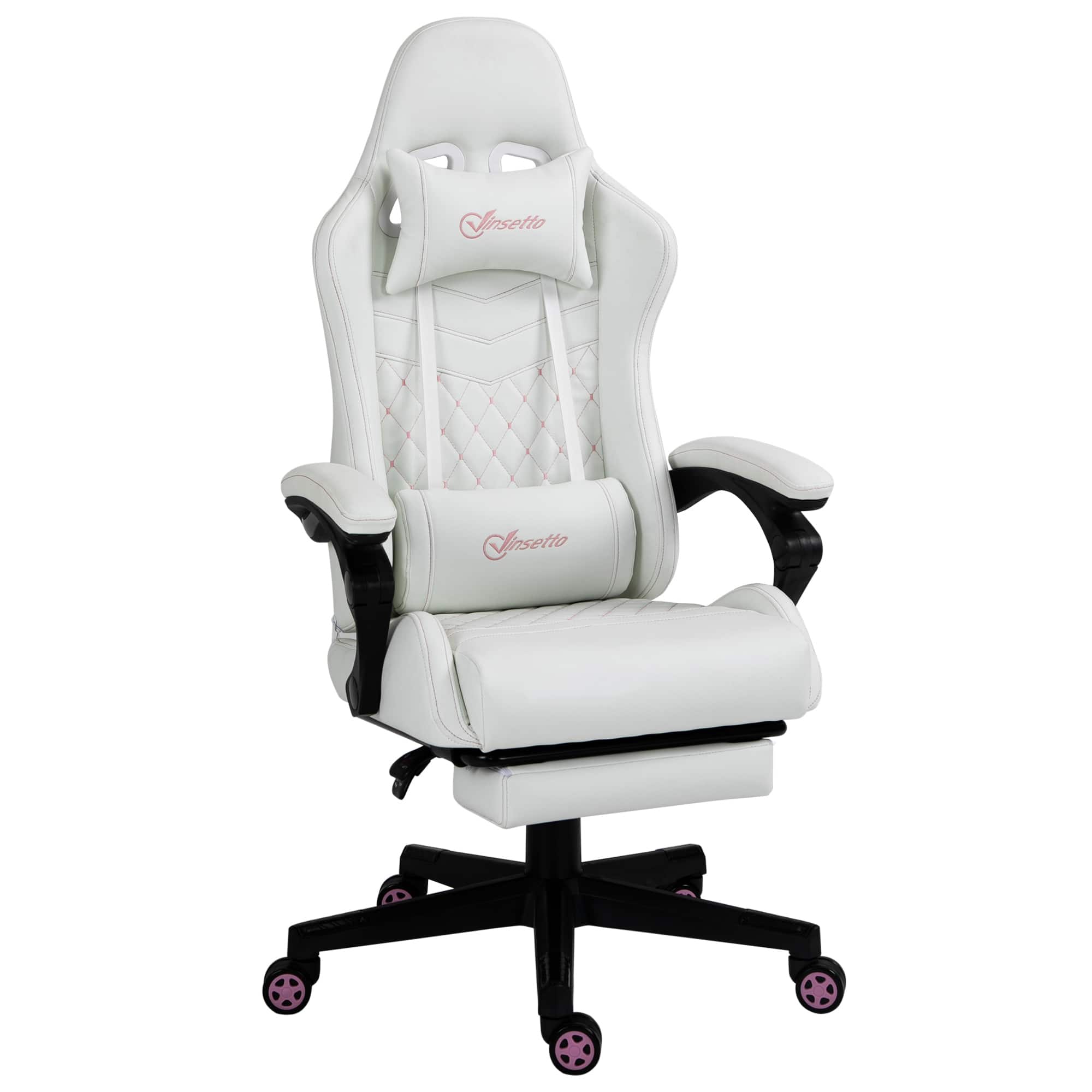 Spaco - High Back PU Leather Gaming Chair, Racing Computer Chair with Swivel Wheels, Footrest, Headrest, Lumbar Support, Armrest - White