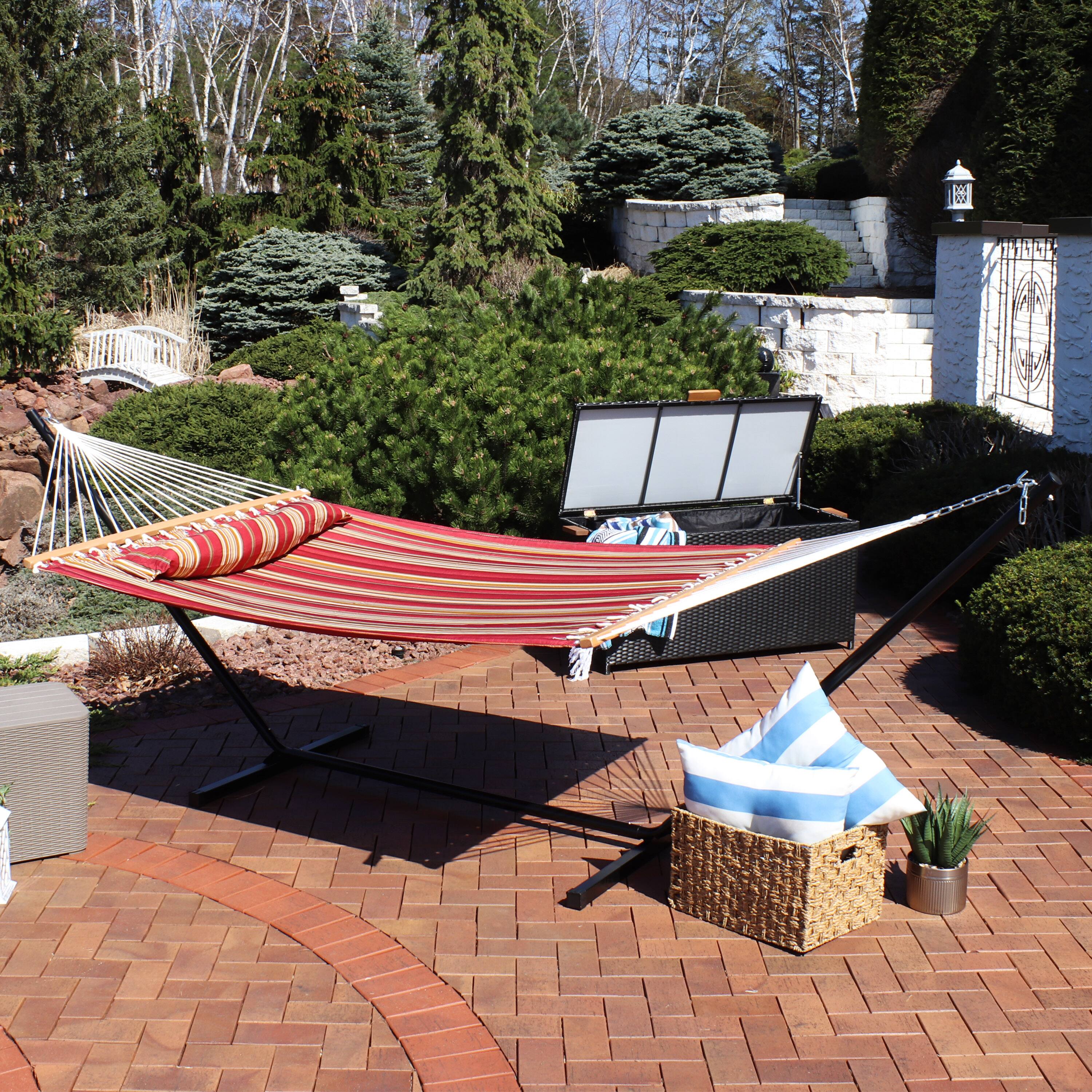 Alt View 3. Sunnydaze - 2-Person Quilted Fabric Hammock with Steel Stand and Pillow - Red Stripe.