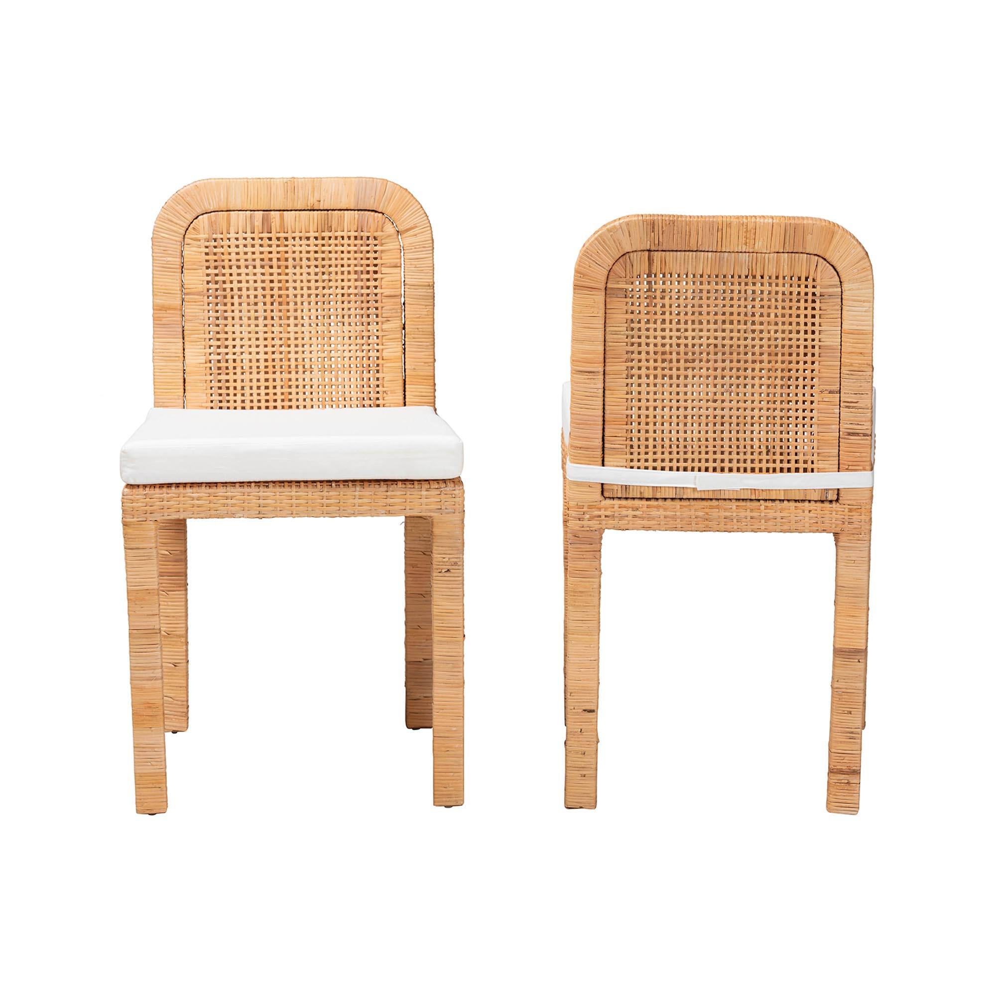 Angle. bali & pari - Zariah Modern Bohemian Rattan and Mahogany Wood 2-Piece Dining Chair Set - White/Natural Brown.