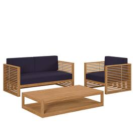 Modway - Carlsbad 3-Piece Teak Wood Outdoor Patio Set - Grade A Premium Teak, All-Weather Cushions - Natural Navy