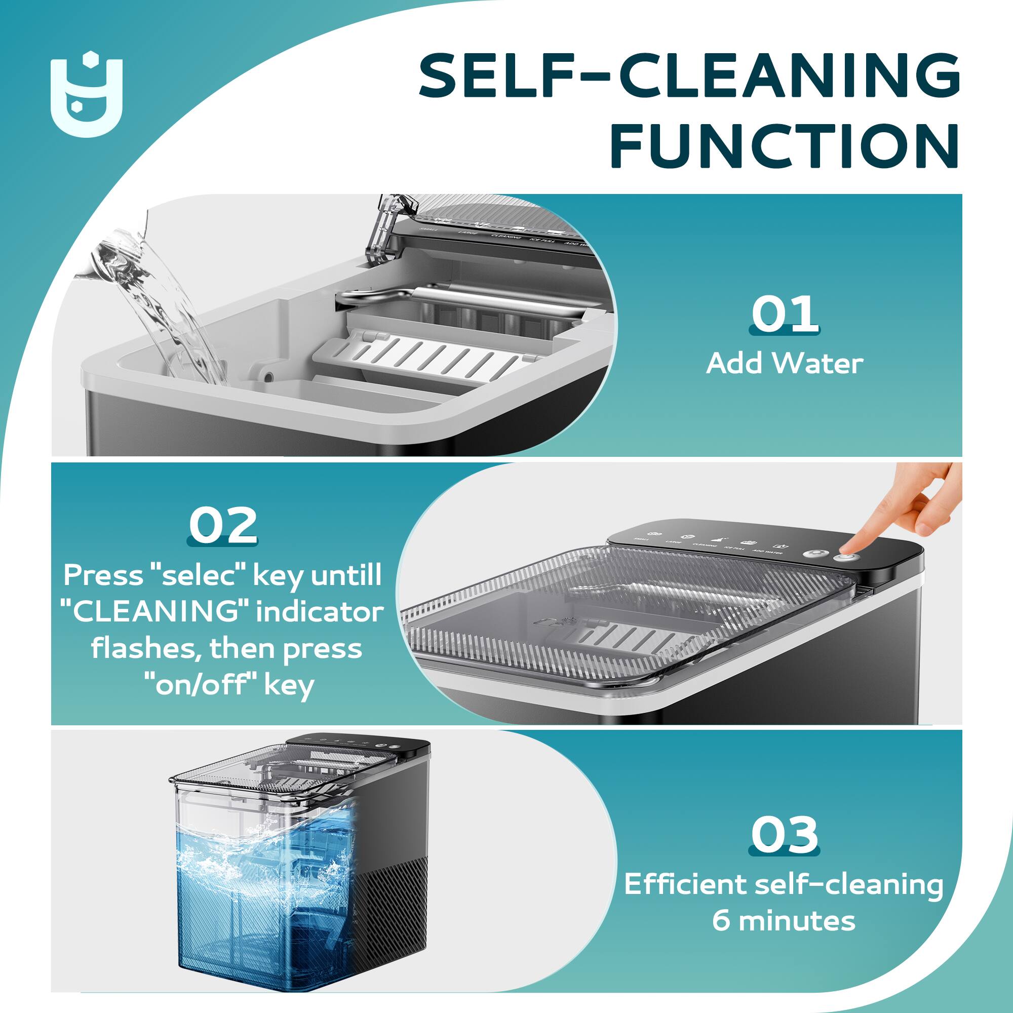 SELF-CLEANING FUNCTION

01 Add Water

02 Press "select" key until "CLEANING" indicator flashes, then press "on/off" key

03 Efficient self-cleaning 6 minutes