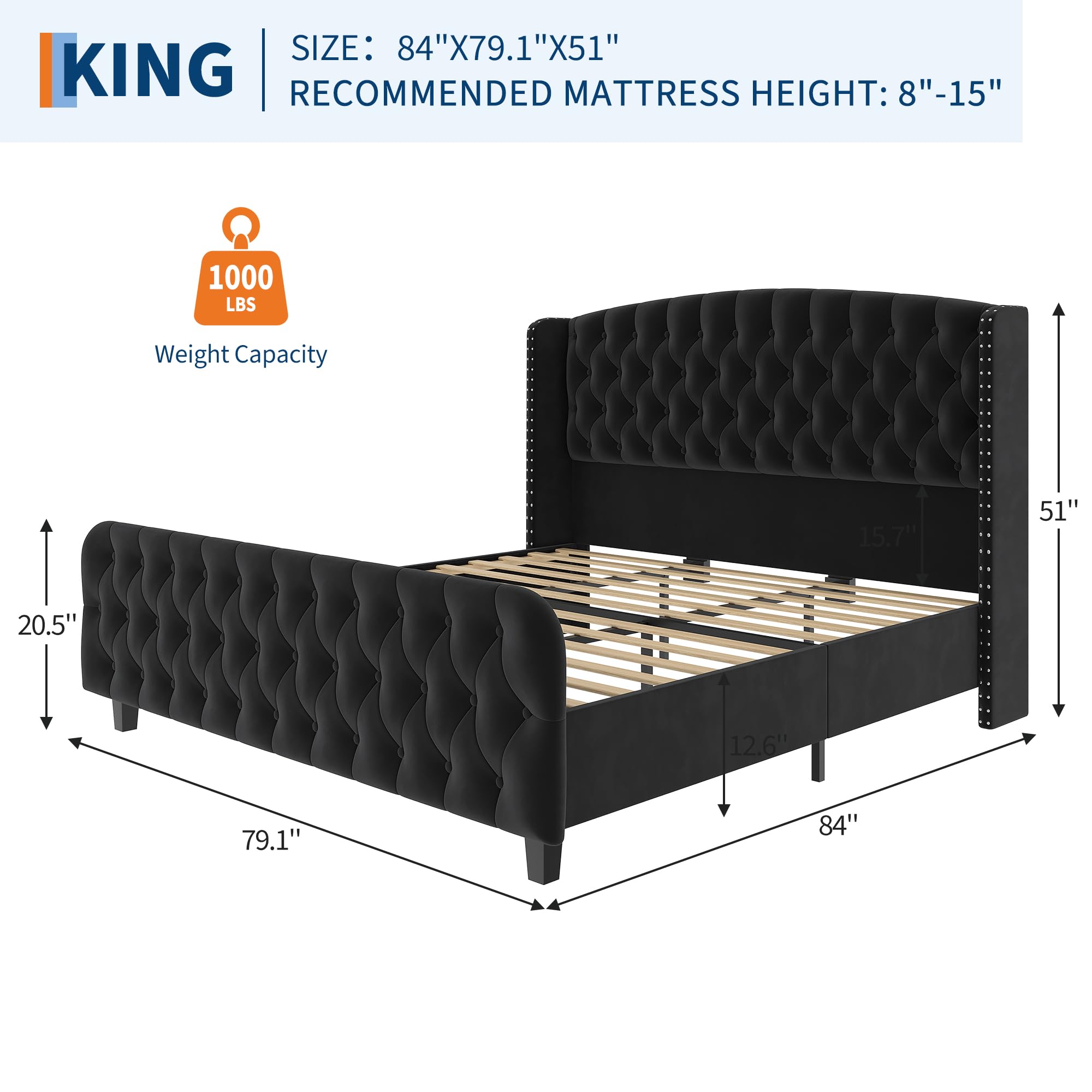 KING  
SIZE: 84"X79.1"X51"  
RECOMMENDED MATTRESS HEIGHT: 8"-15"  
1000 LBS Weight Capacity