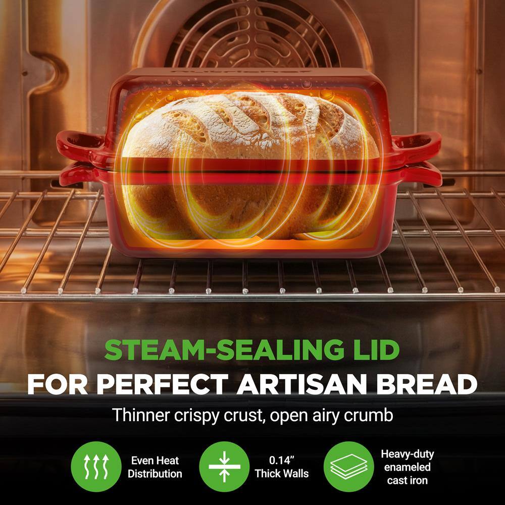 STEAM-SEALING LID FOR PERFECT ARTISAN BREAD

Thinner crispy crust, open airy crumb

Even Heat Distribution

0.14" Thick Walls

Heavy-duty enameled cast iron