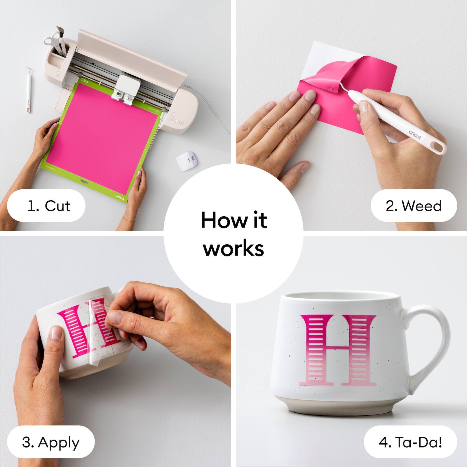 1. Cut  
2. Weed  
3. Apply  
4. Ta-Da!  

How it works