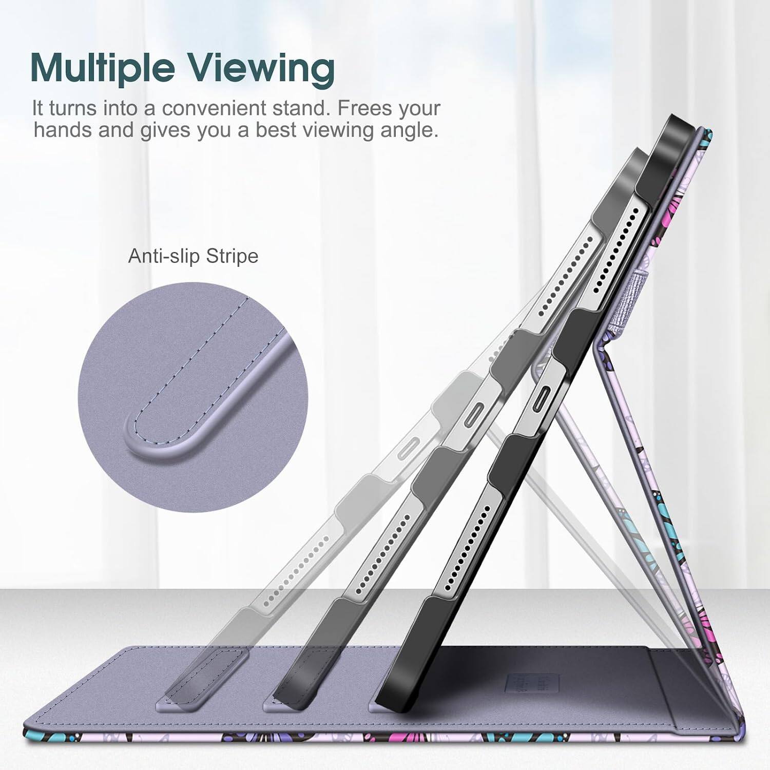 Multiple Viewing  
It turns into a convenient stand. Frees your hands and gives you a best viewing angle.  

Anti-slip Stripe