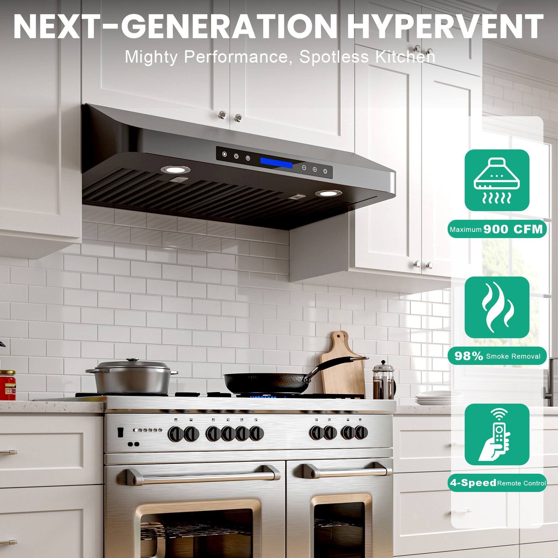 NEXT-GENERATION HYPERVENT  
Mighty Performance, Spotless Kitchen  

- Maximum 900 CFM  
- 98% Smoke Removal  
- 4-Speed Remote Control
