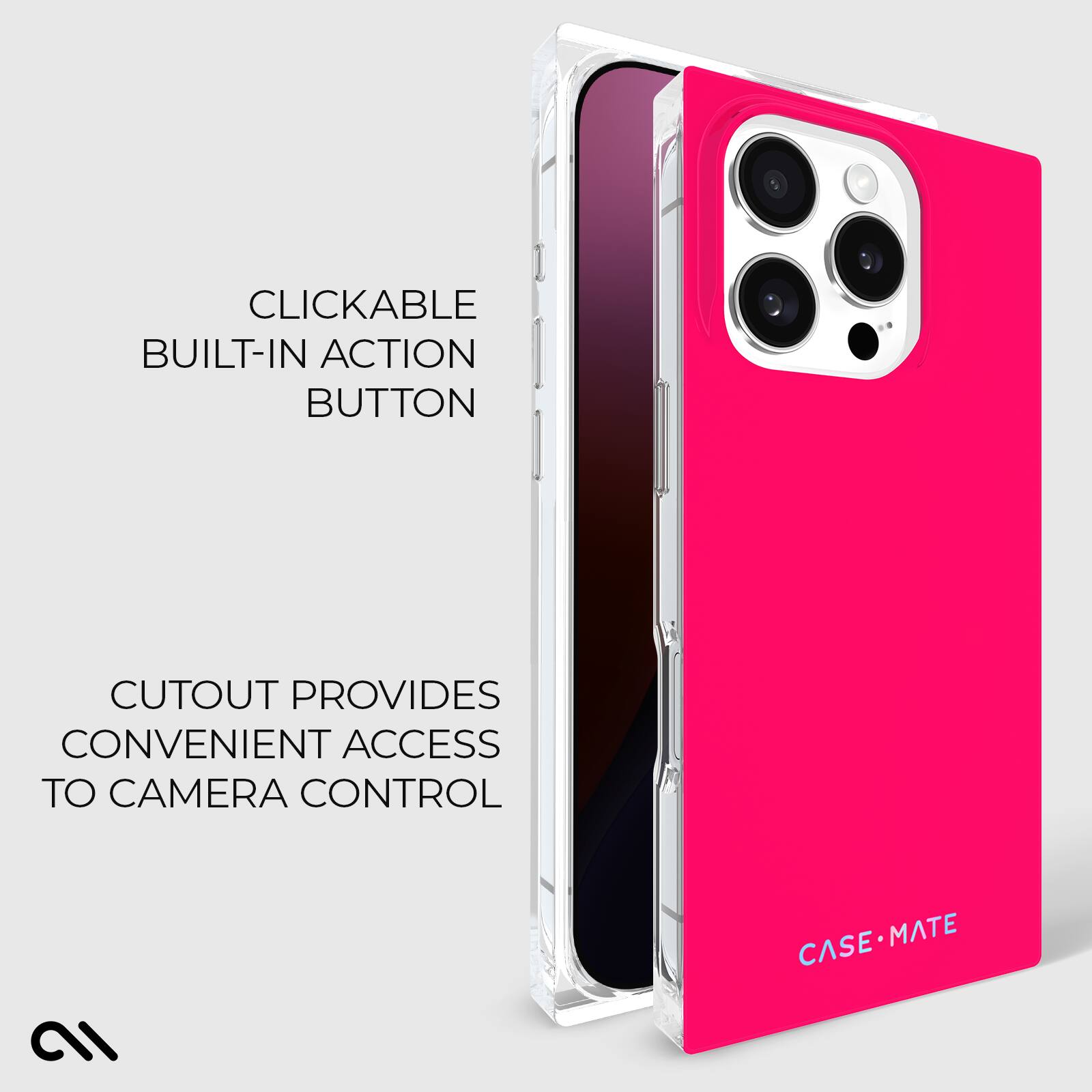 The text on the image reads: "Clickable Built-In Action Button Cutout Provides Convenient Access to Camera Control in CaseMate Mate Case."