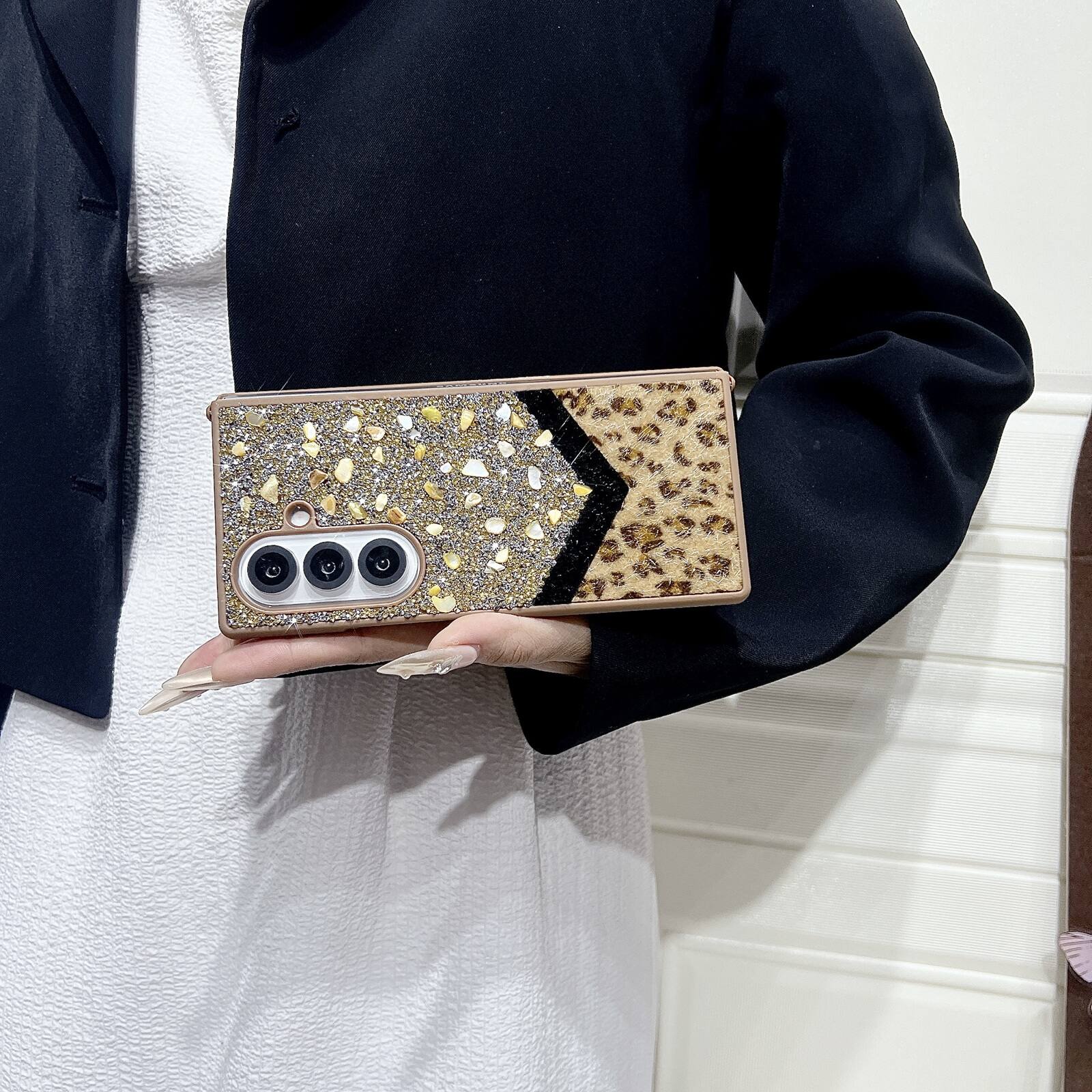 Alt View 2. Dteck - Shockproof Phone Case for Samsung Galaxy Z Fold7 with Beaded Wrist Strap, Glitter Rhinestone Hard PC Protective Cover - Gold.
