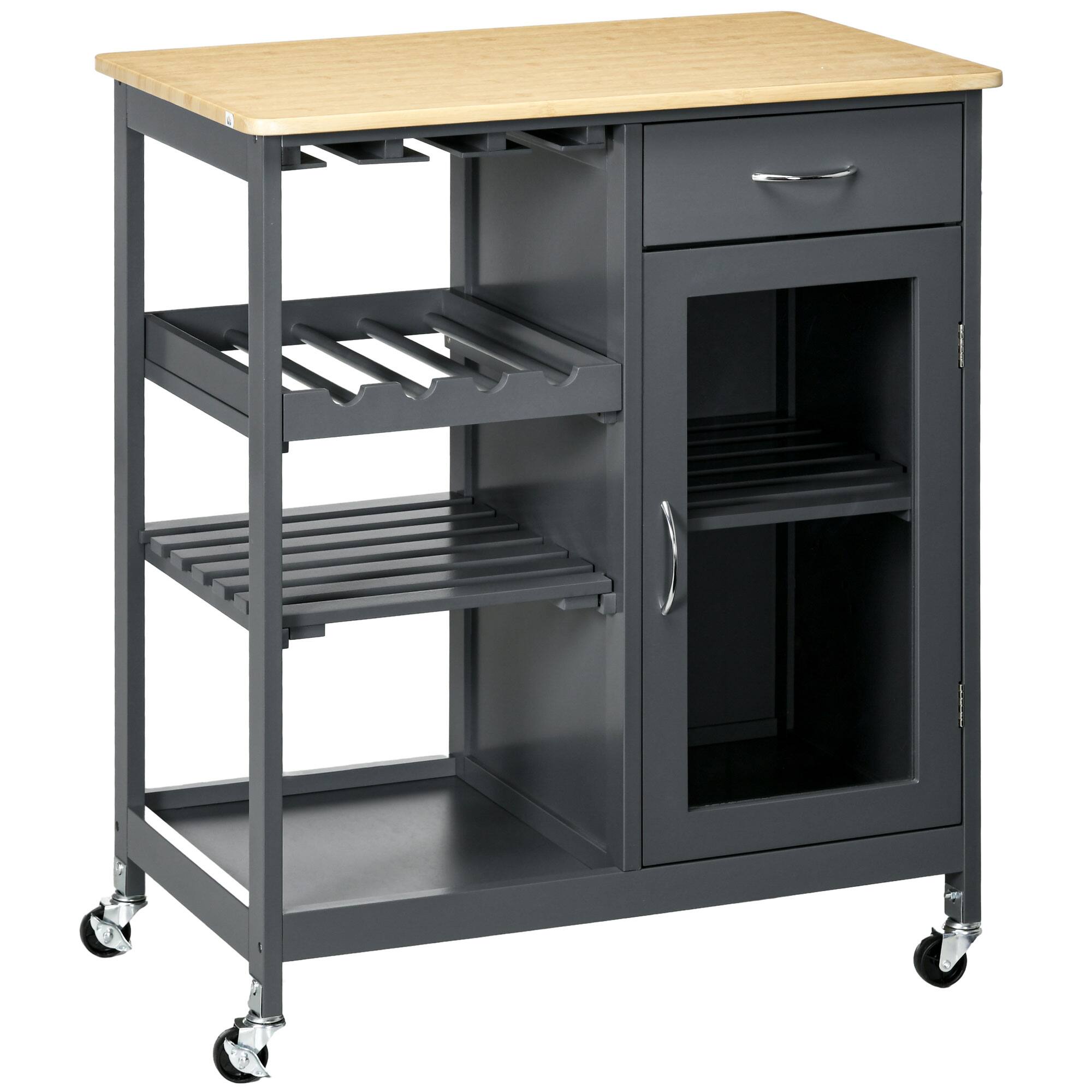 Homcom - Rolling Kitchen Island with Storage, Kitchen Cart with 4-bottle Wine Rack, Bar Cart with Stemware Holder - Gray