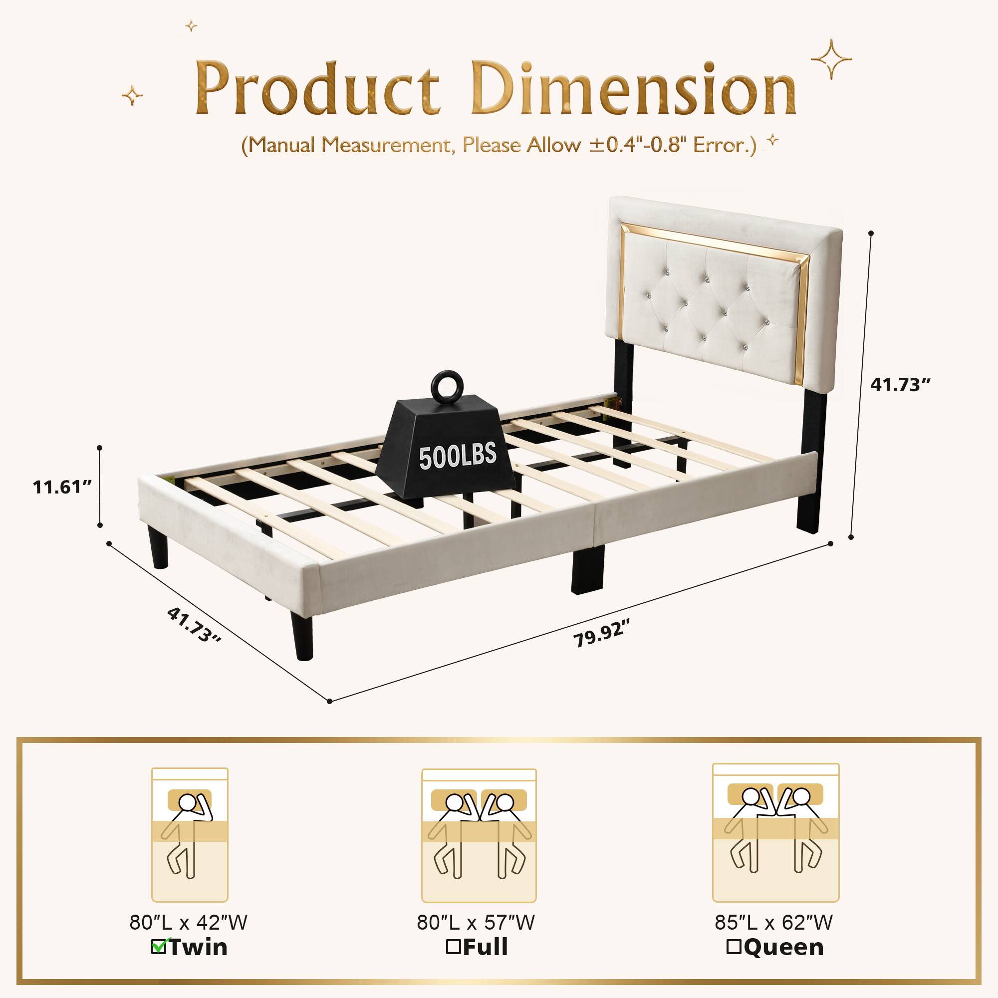 Product Dimension Measurement, Please Allow 0.4"-0.8" + (Manual Error.)

41.73" 11.61" 500LBS 41.73" 79.92" 

80"L x 42"W MTwin  
80"L x 57"W OFull  
85"L x 62"W OQueen