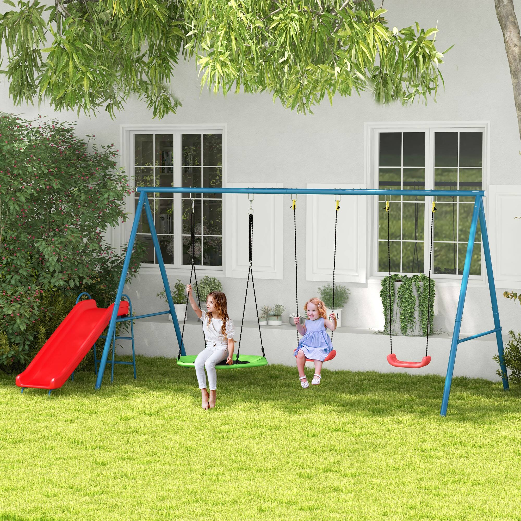 Angle. Outsunny - 352 lbs Swing Set, Backyard, 3 in 1 Heavy-Duty A-Frame Stand, Outdoor Playset, Saucer Swing, Slide, Swing Seats.