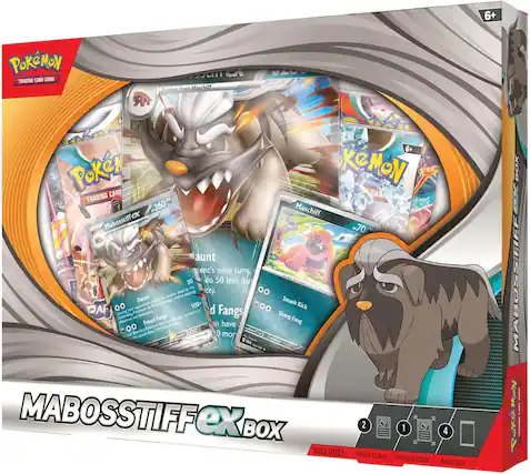 **Pokémon Trading Card Game**
**Maboostiff EX Box**
**6+**
**Includes:**
- 2 Promo Cards
- 1 Oversized Card
- 4 Boosters
**Maboostiff EX**
- Evolves from Maschiff
- HP 260
- Smash Kick (100 damage)
- Sharp Fang (30 damage)
**Maschiff**
- HP 70
- Daunt (50 damage)
- Proud Fangs (30 damage)
**Maschiff**
- Daunt (50 damage)
- Proud Fangs (30 damage)
**Maboostiff EX**
- Daunt (50 damage)
- Proud Fangs (100 damage)
**Maschiff**
- Daunt (50 damage)
- Proud Fangs (30 damage)
**Maschiff**
- Daunt (50 damage)
- Proud Fangs (30 damage)
**Maschiff**
- Daunt (50 damage)
- Proud Fangs (30 damage)
**Maschiff**
- Daunt (50 damage)
- Proud Fangs (30 damage)