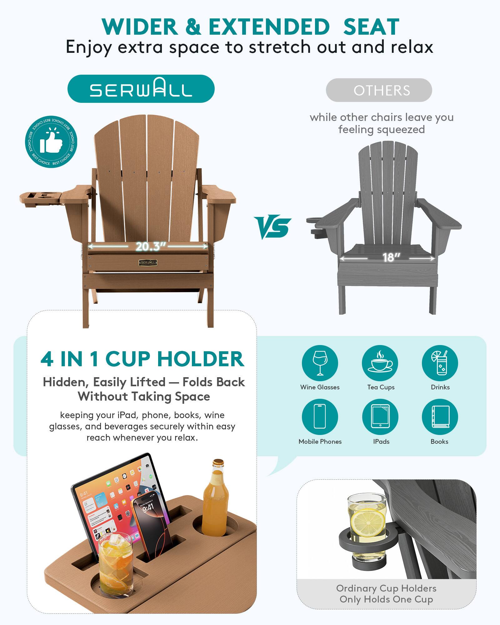 WIDER & EXTENDED SEAT  
Enjoy extra space to stretch out and relax  

SERWALL  
OTHERS  
while other chairs leave you feeling squeezed  

20.3"  
VS  
18"  

4 IN 1 CUP HOLDER  
Hidden, Easily Lifted — Folds Back Without Taking Space  
keeping your iPad, phone, books, wine glasses, and beverages securely within easy reach whenever you relax.  

Wine Glasses  
Tea Cups  
Drinks  
Mobile Phones  
IPads  
Books  

Ordinary Cup Holders Only Holds One Cup