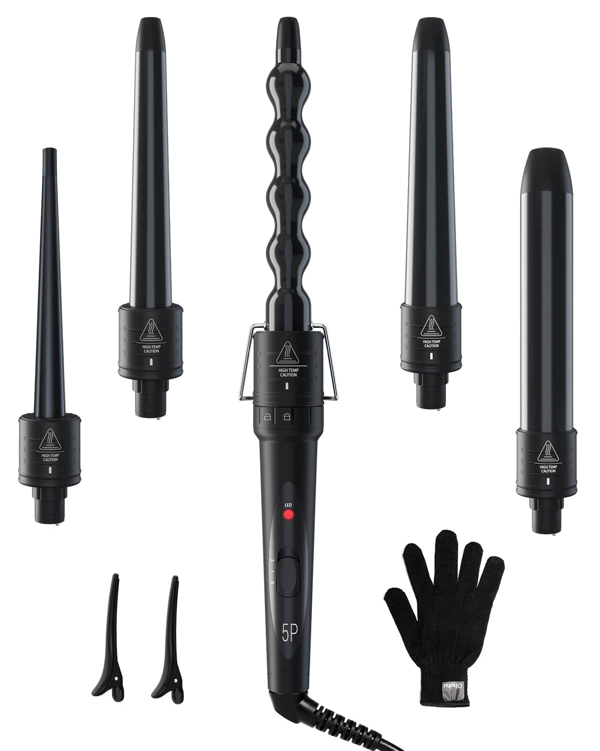 Reds Spade - Curling Wand Iron 5pcs To Interchangeable Ceramic Heat Protective Glove Clips Dual Hair Curler For Girl - Black 5 in 1 Set