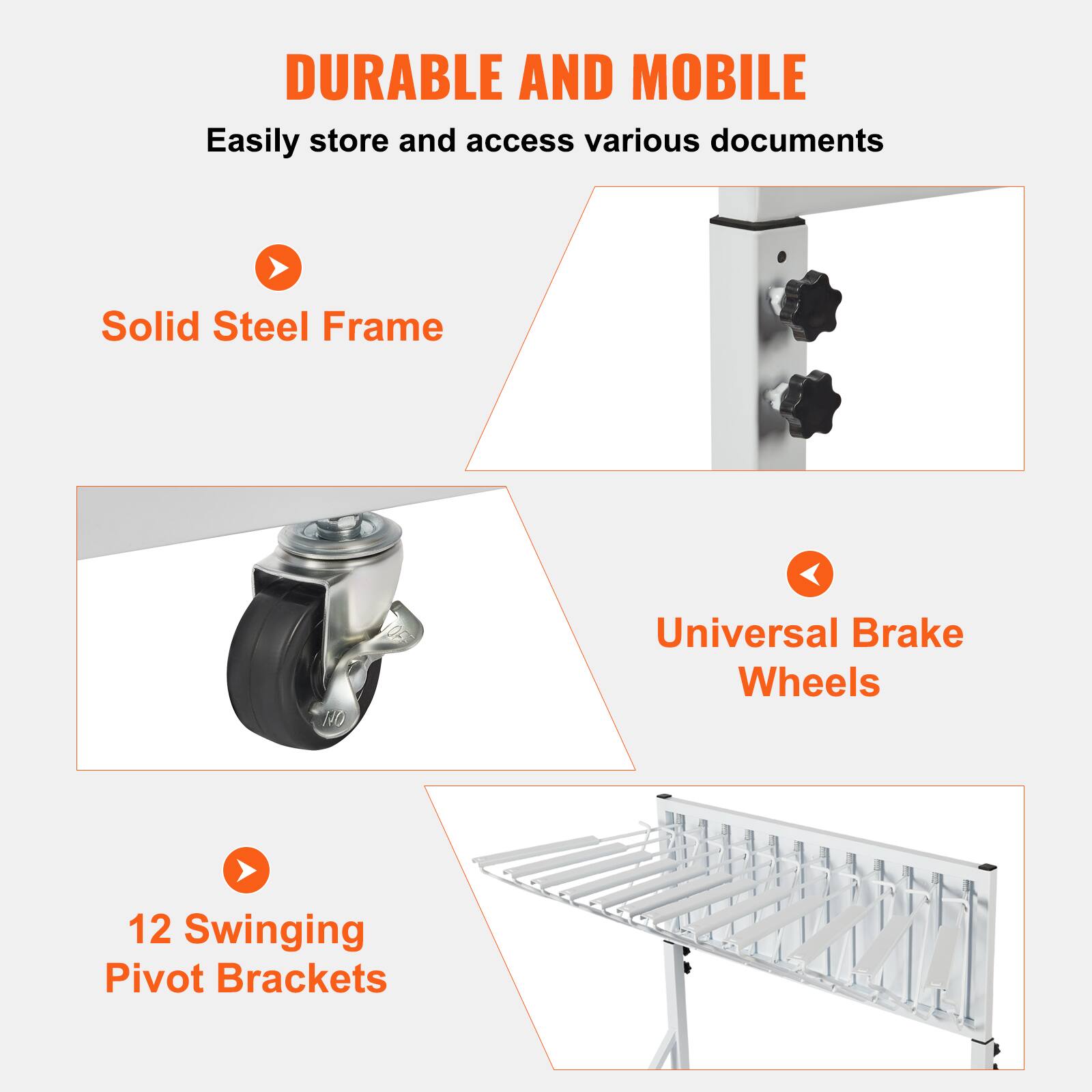 DURABLE AND MOBILE  
Easily store and access various documents  

- Solid Steel Frame  
- Universal Brake Wheels  
- 12 Swinging Pivot Brackets